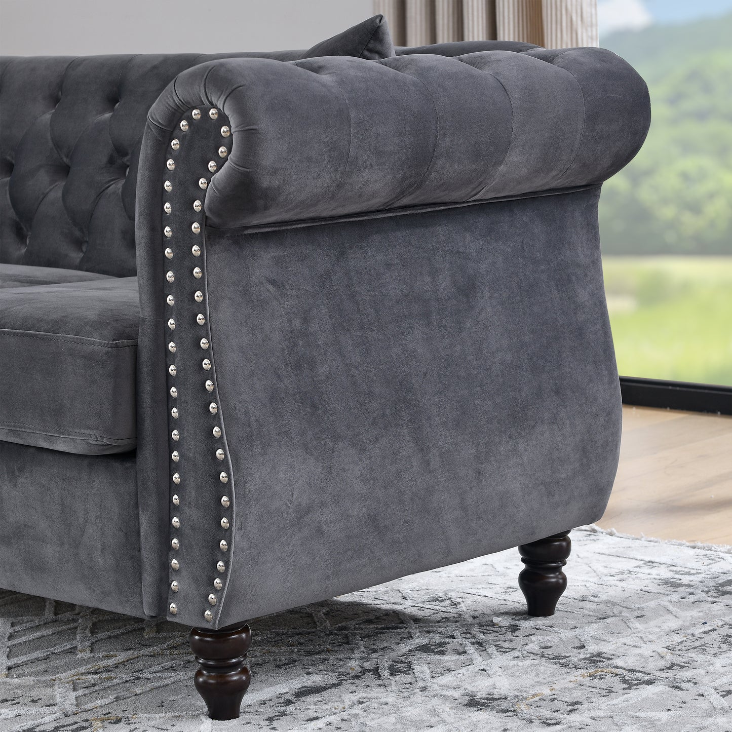 Classic Chesterfield 2-Seater Velvet Sofa in Grey with Rolled Arms and Nailhead Trim