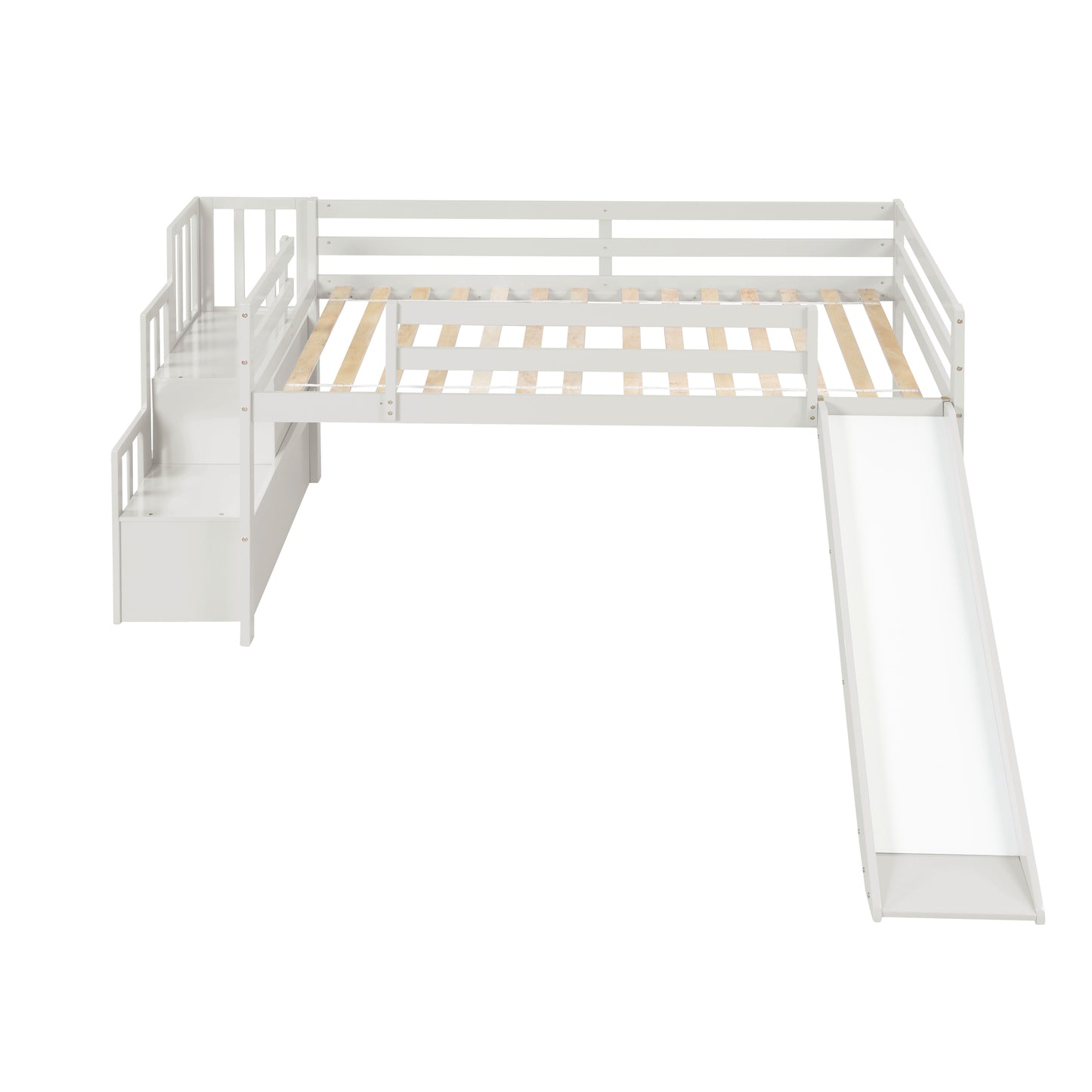 Loft Bed with Staircase, Storage, Slide, Twin size, Full-length Safety Guardrails, No Box Spring Needed, White