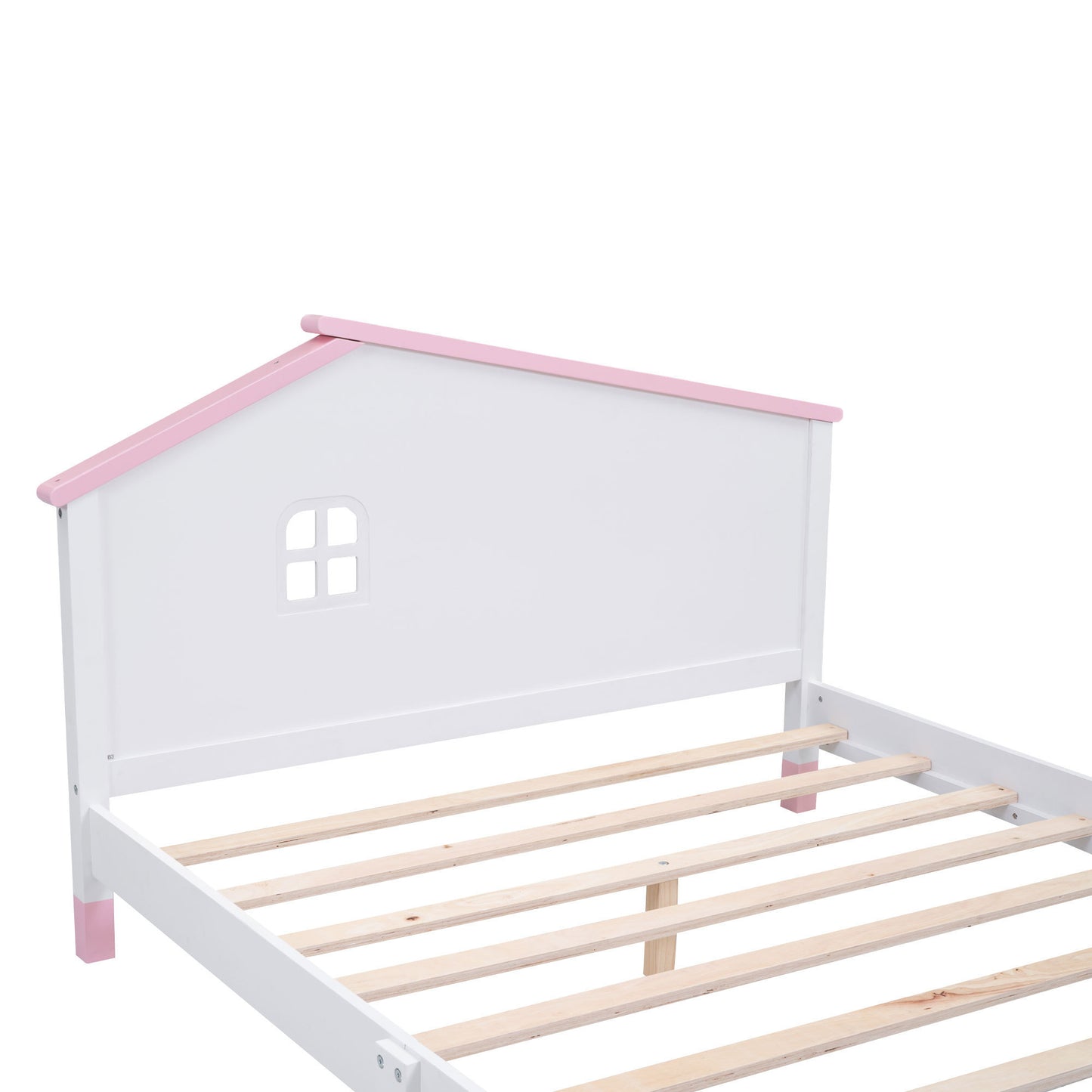 Full Size Wood Platform Bed with House-shaped Headboard  (White+Pink)