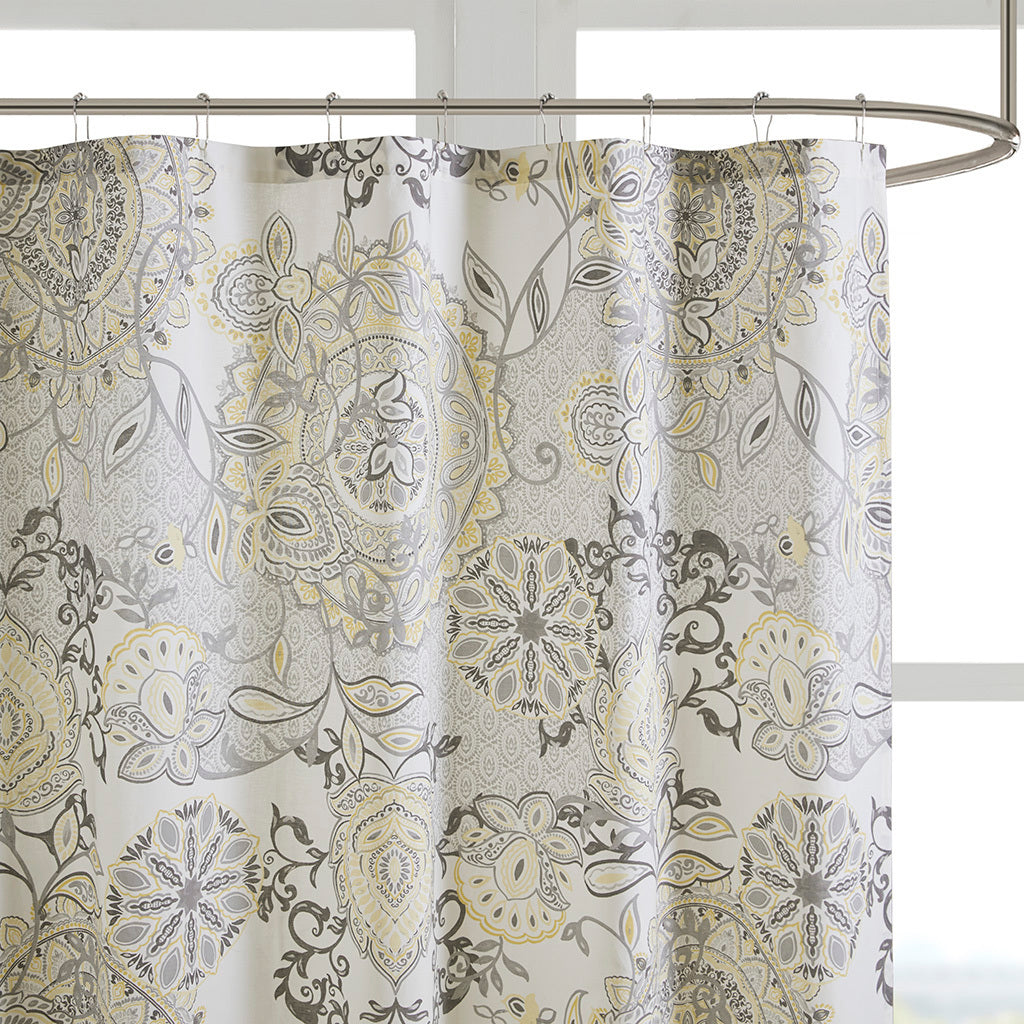 Yellow and Black Floral Medallion Cotton Shower Curtain