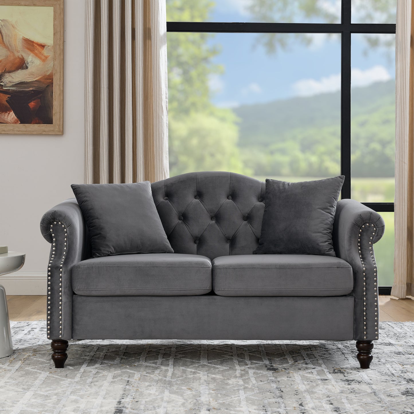 Luxurious Grey Velvet Chesterfield 3-Seater and 2-Seater Combination Sofa