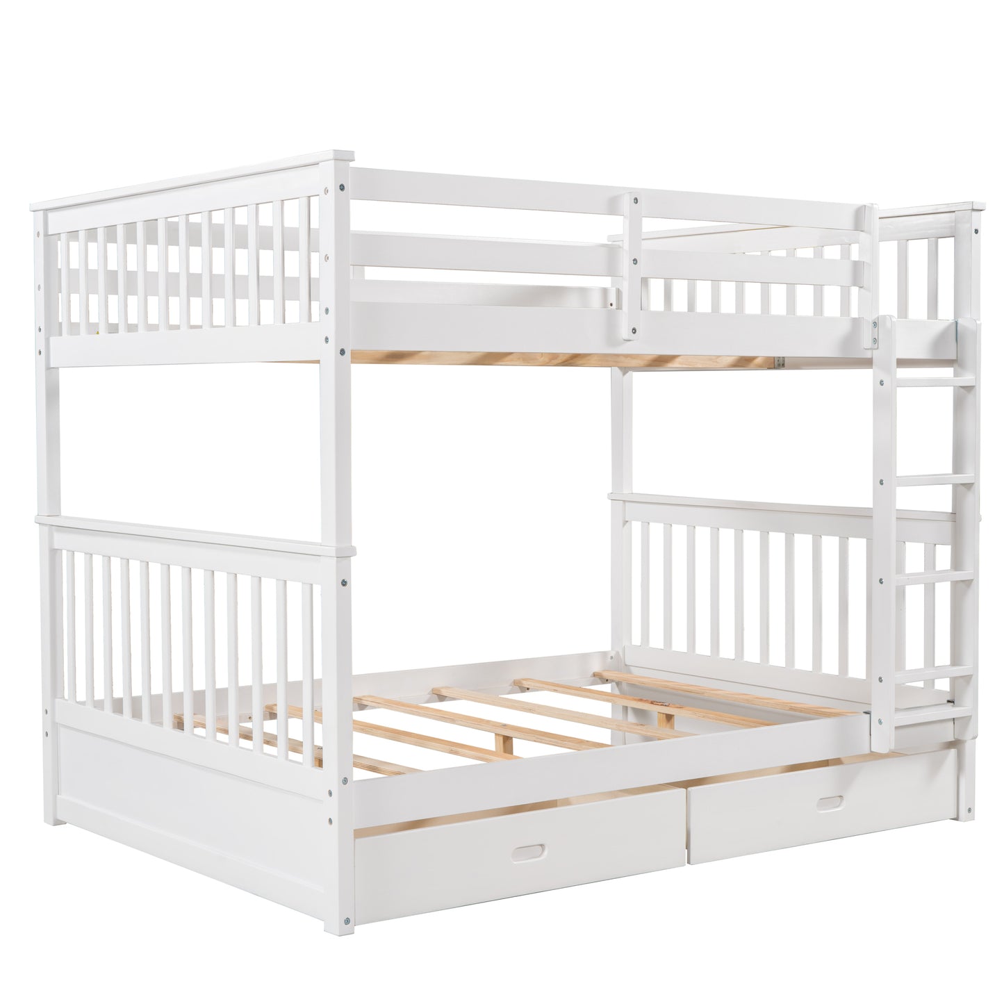 White Full-Over-Full Bunk Bed with Ladders and Two Underbed Drawers