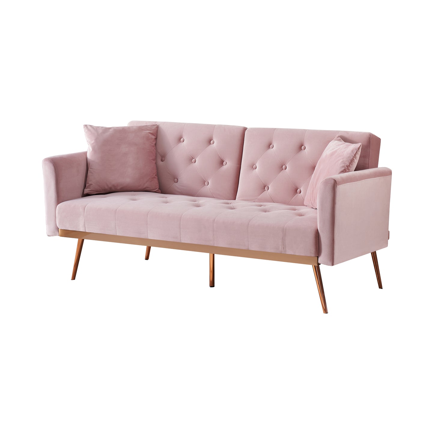 Elegant Pink Velvet Sofa Bed with Nail Head Accents and Throw Pillow