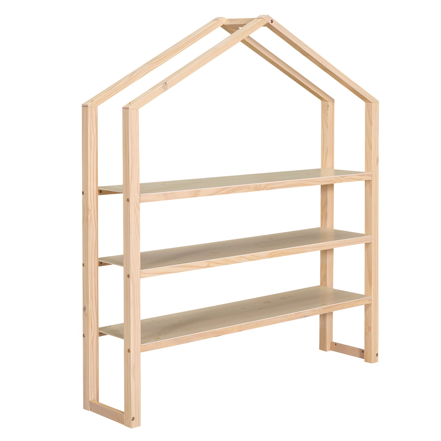 Full Size Wood House Bed with Fence and Detachable Storage Shelves, Natural (Expected Arrival Time: 1.7)