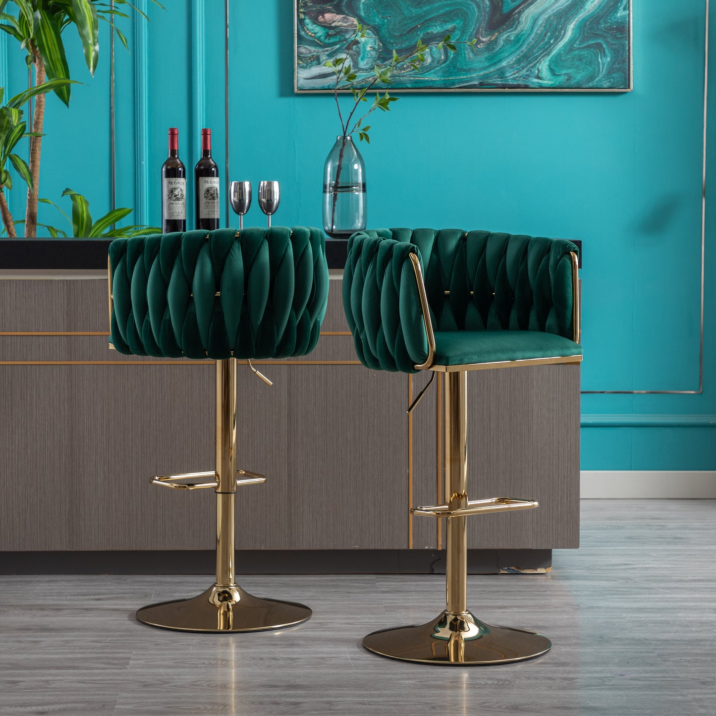 Set of 2  Bar Stools,with Chrome Footrest and Base Swivel Height Adjustable Mechanical Lifting Velvet + Golden Leg Simple Bar Stool-Green