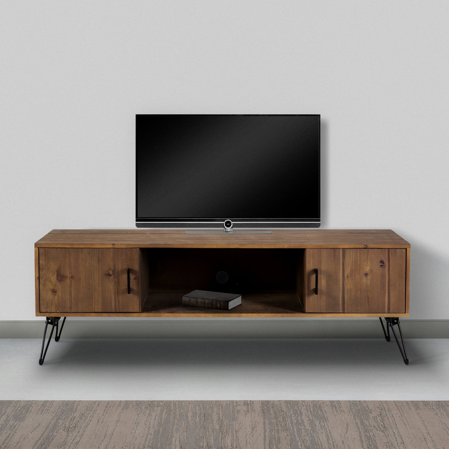 Clive 60 Inch Reclaimed Wood Farmhouse Media Console with Iron Legs, Natural Brown and Rustic Style