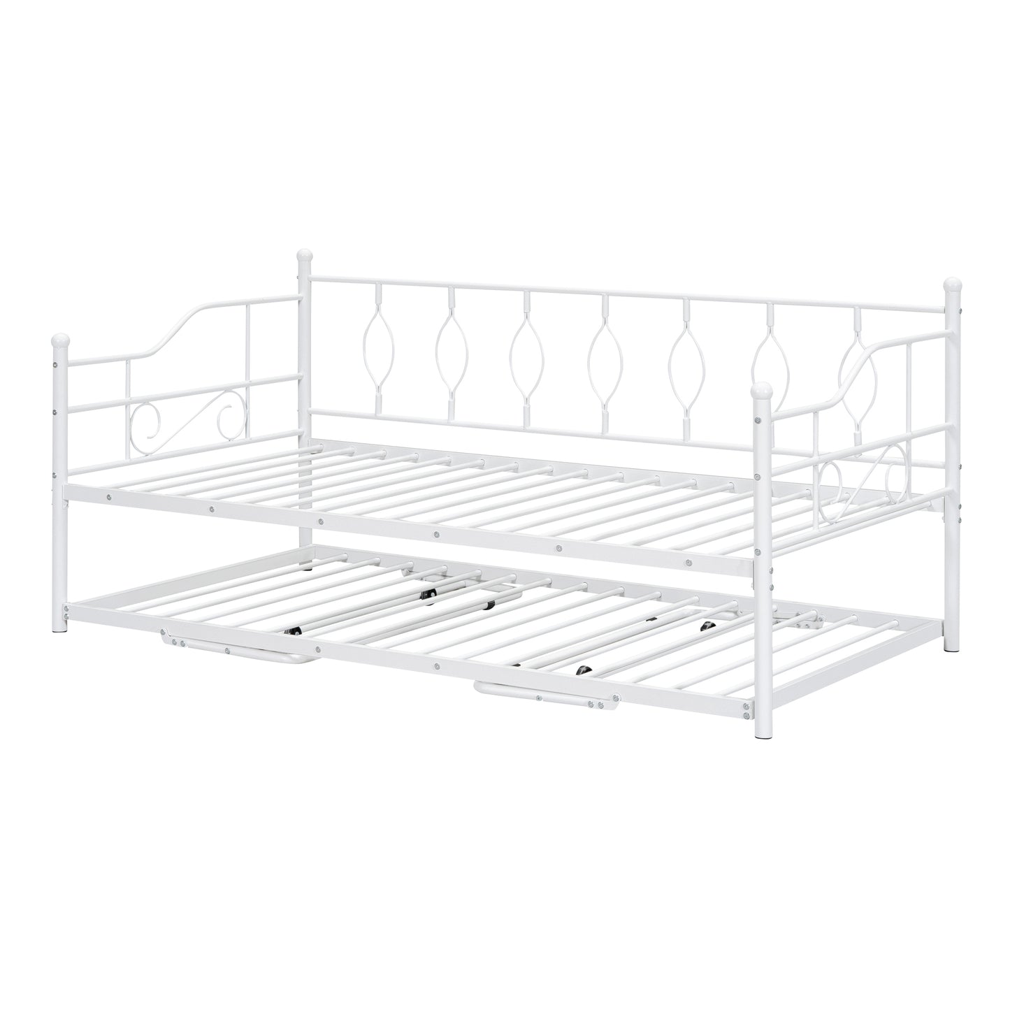 Twin Size Metal Daybed with Twin Size Adjustable Trundle, Portable Folding Trundle, White