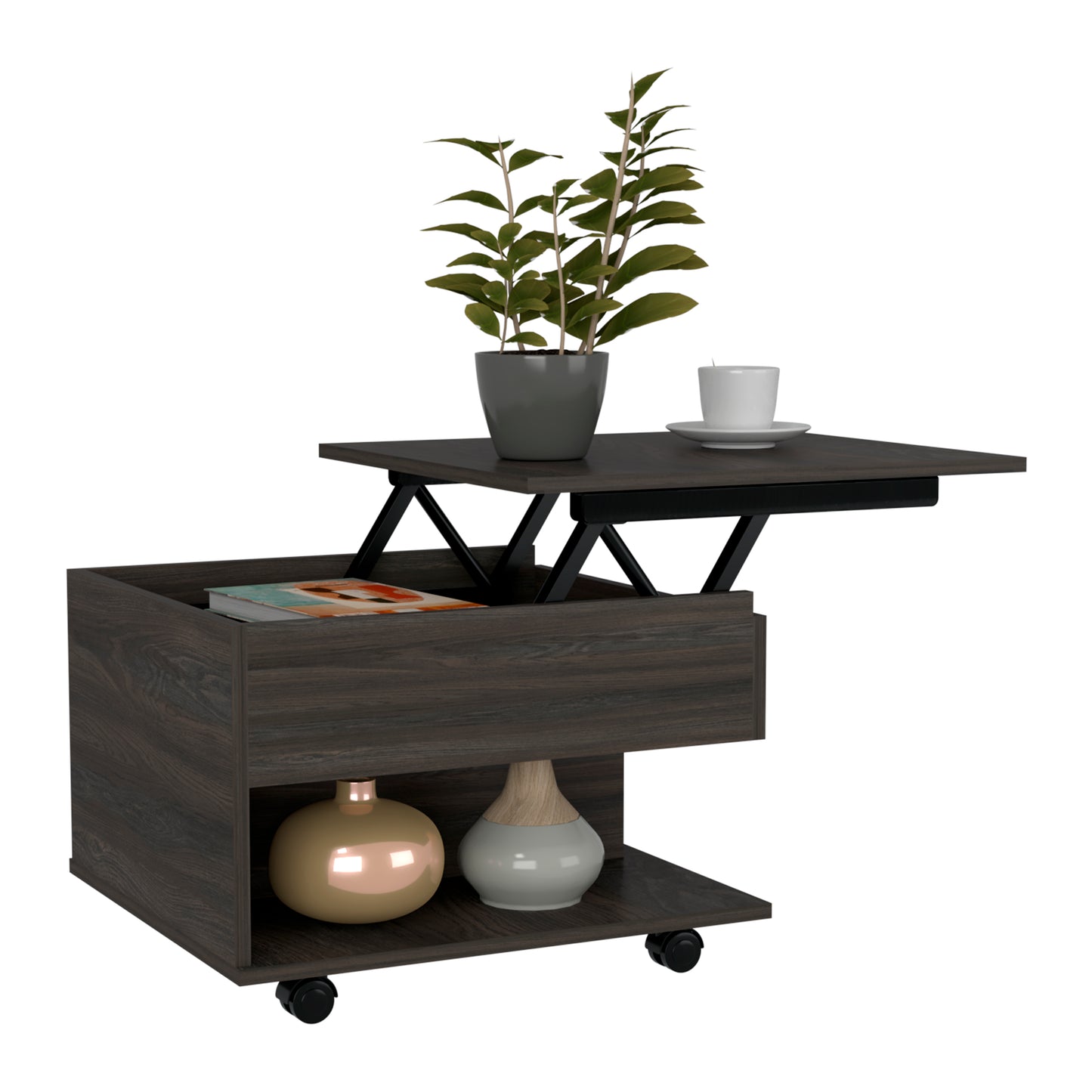 Elevate Espresso Lift Top Coffee Table with Casters and Shelf