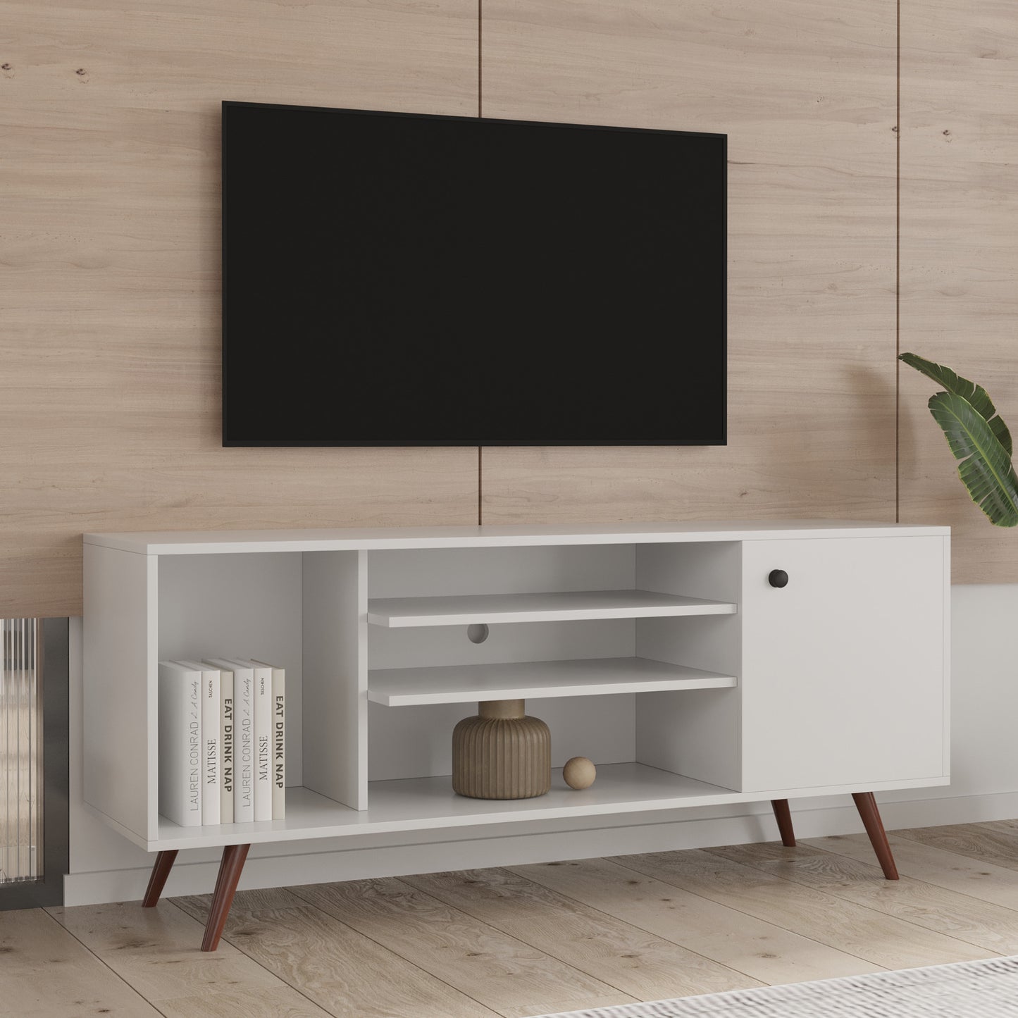 Modern White TV Stand with Ample Storage and Sturdy Frame