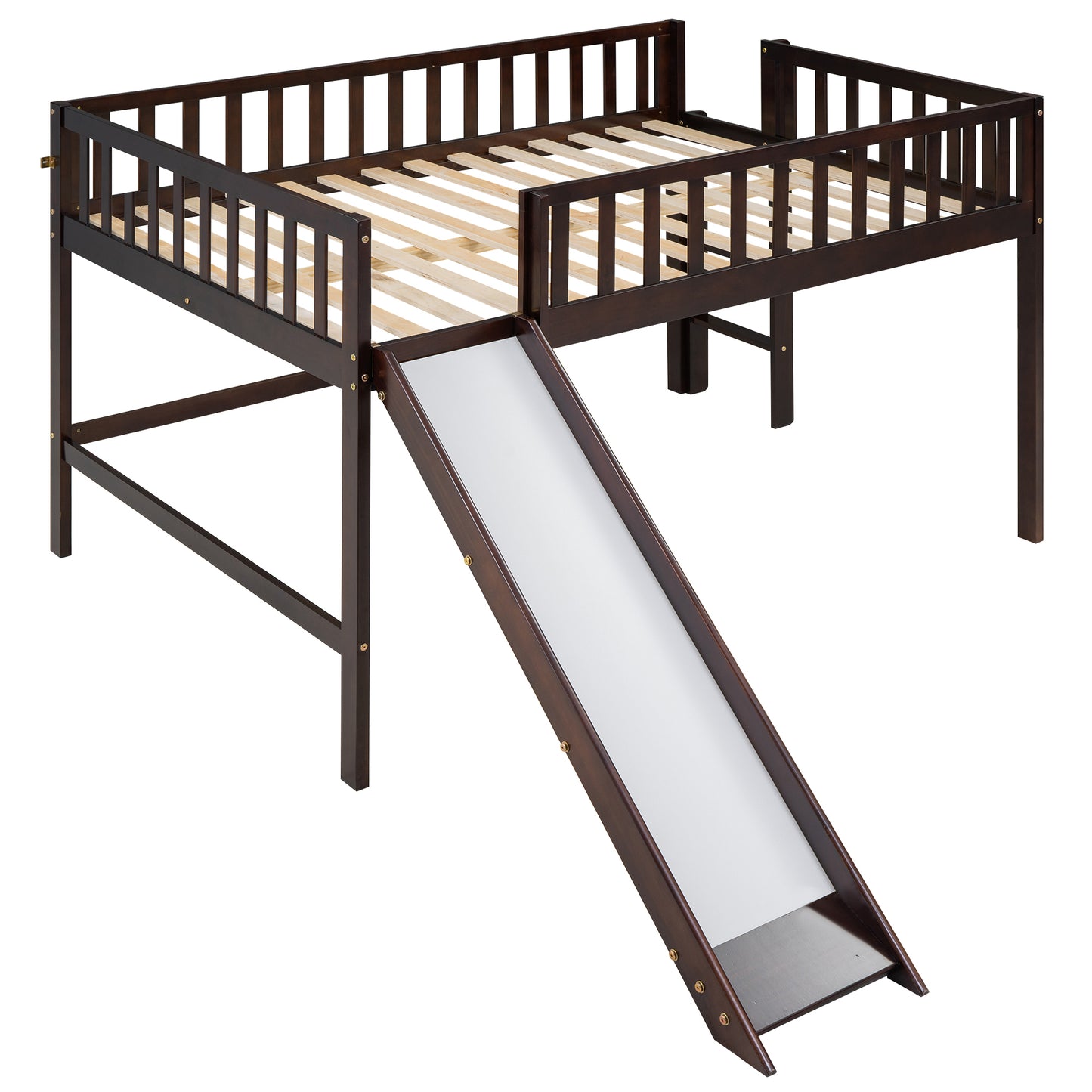 Full Size Low Loft Bed with Ladder and Slide,Espresso