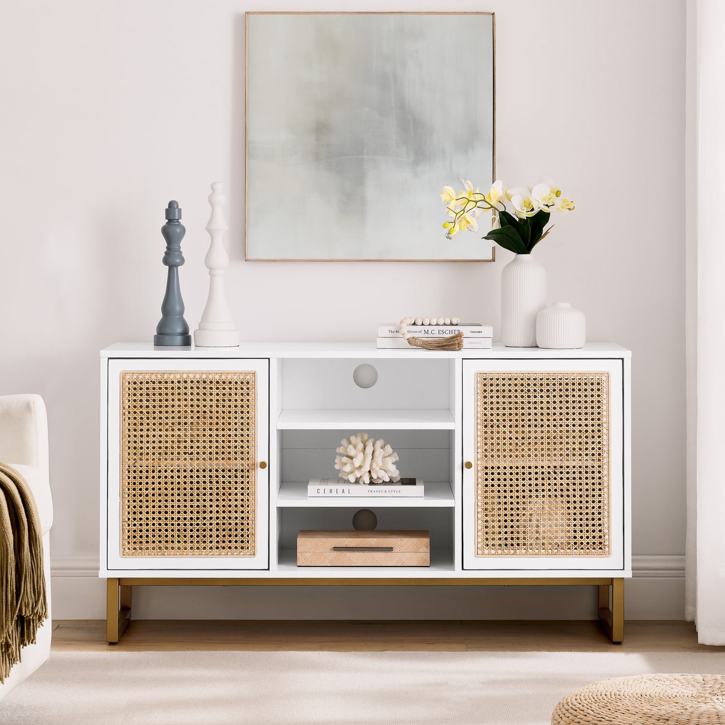 47 Inch White Rattan TV Stand with Adjustable Shelves and Metal Legs