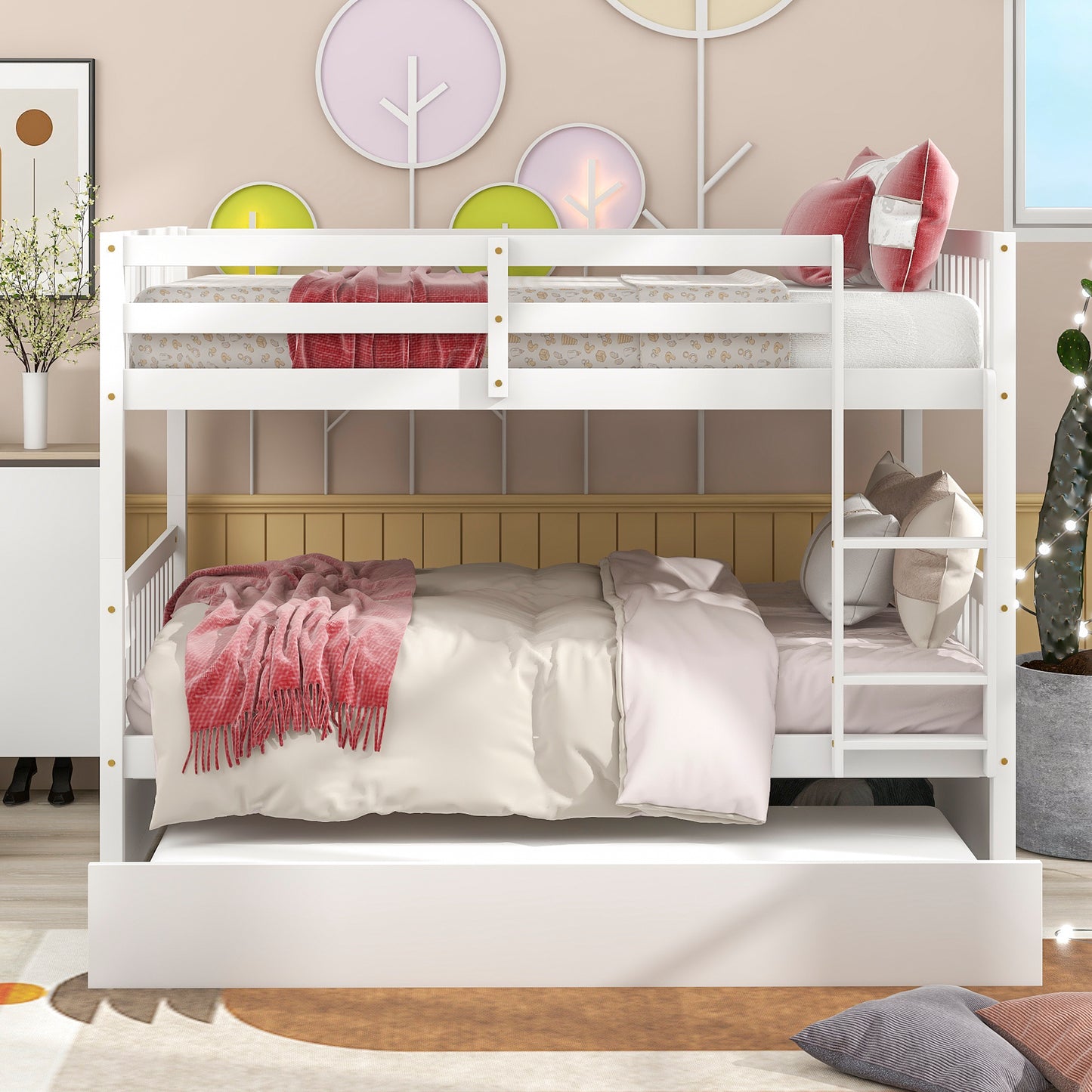 Multifunctional White Full Over Full Bunk Bed with Trundle and Modern Design