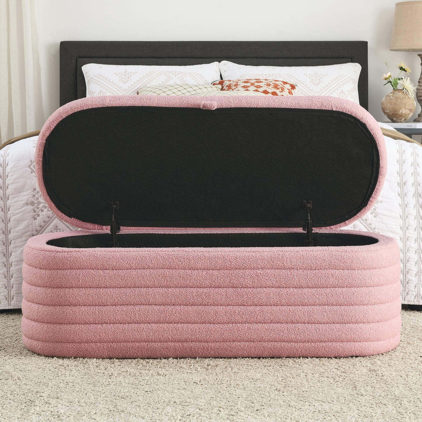 [Video] Welike Length 45.5 inchesStorage Ottoman Bench Upholstered Fabric Storage Bench End of Bed Stool with Safety Hinge for Bedroom, Living Room, Entryway, pink teddy.