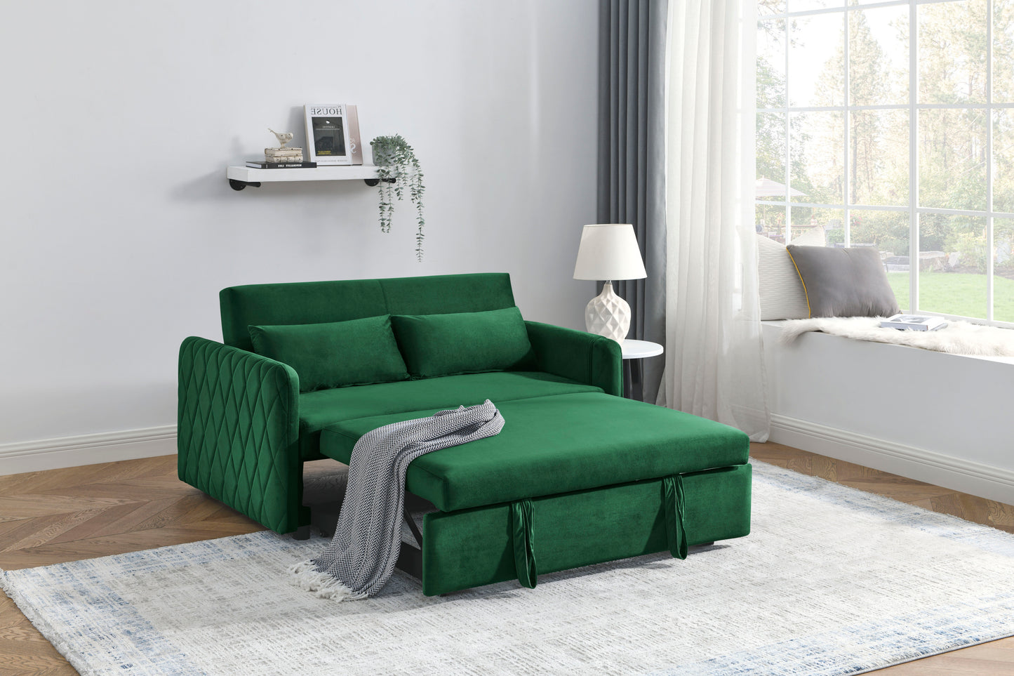 Modern 55 Velvet Convertible Sofa Bed with Adjustable Backrest and Arm Pockets