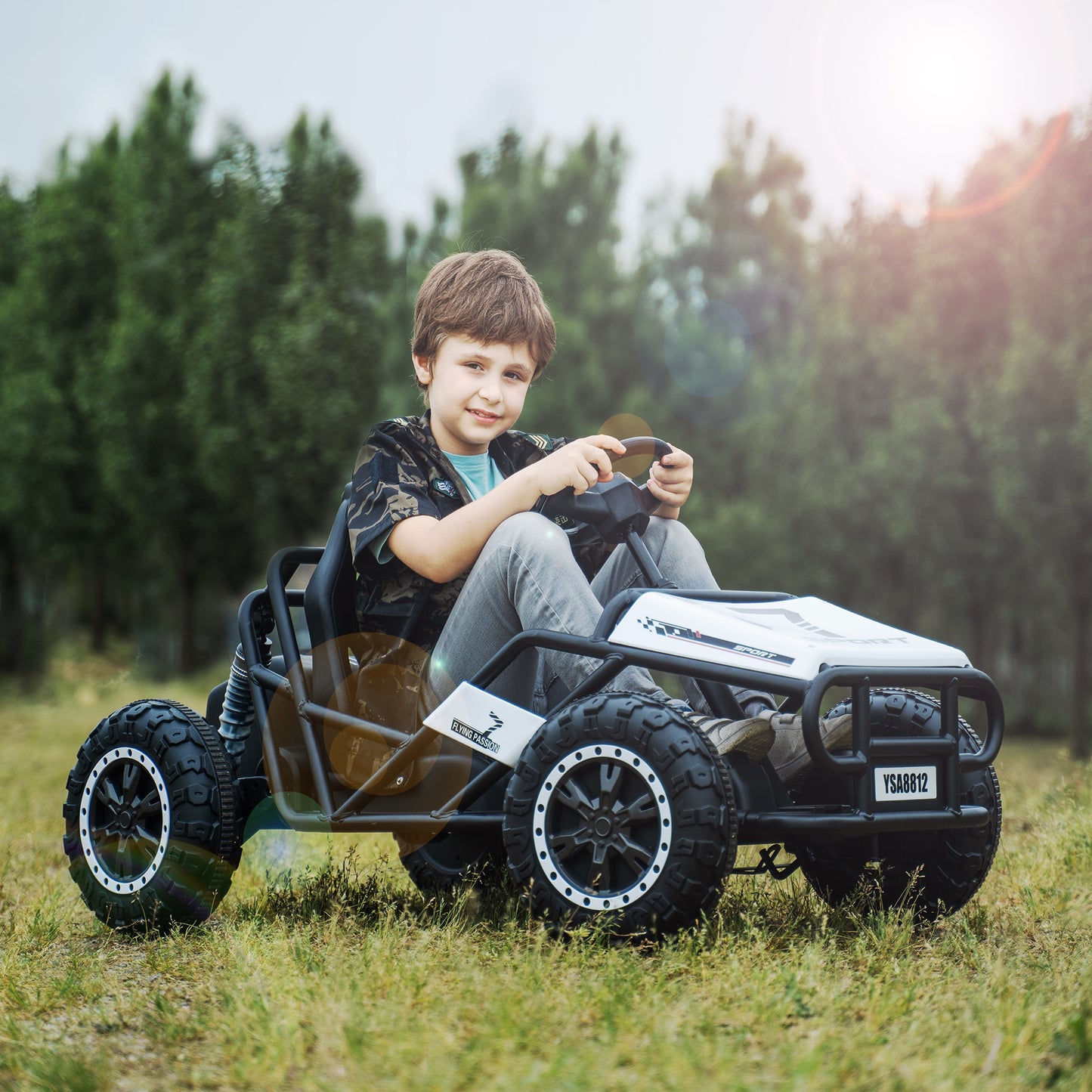 White, 24V Ultimate Go-Kart, Ride On Toy for Big Kids Ages 6+, 2x200W Powerful Motor, 6MPH Outdoor/Off road/Dirt Road Electric Car, Wide Seat, Metal Frame, Strong Shock Absorbers, High/Low Speed, Gift