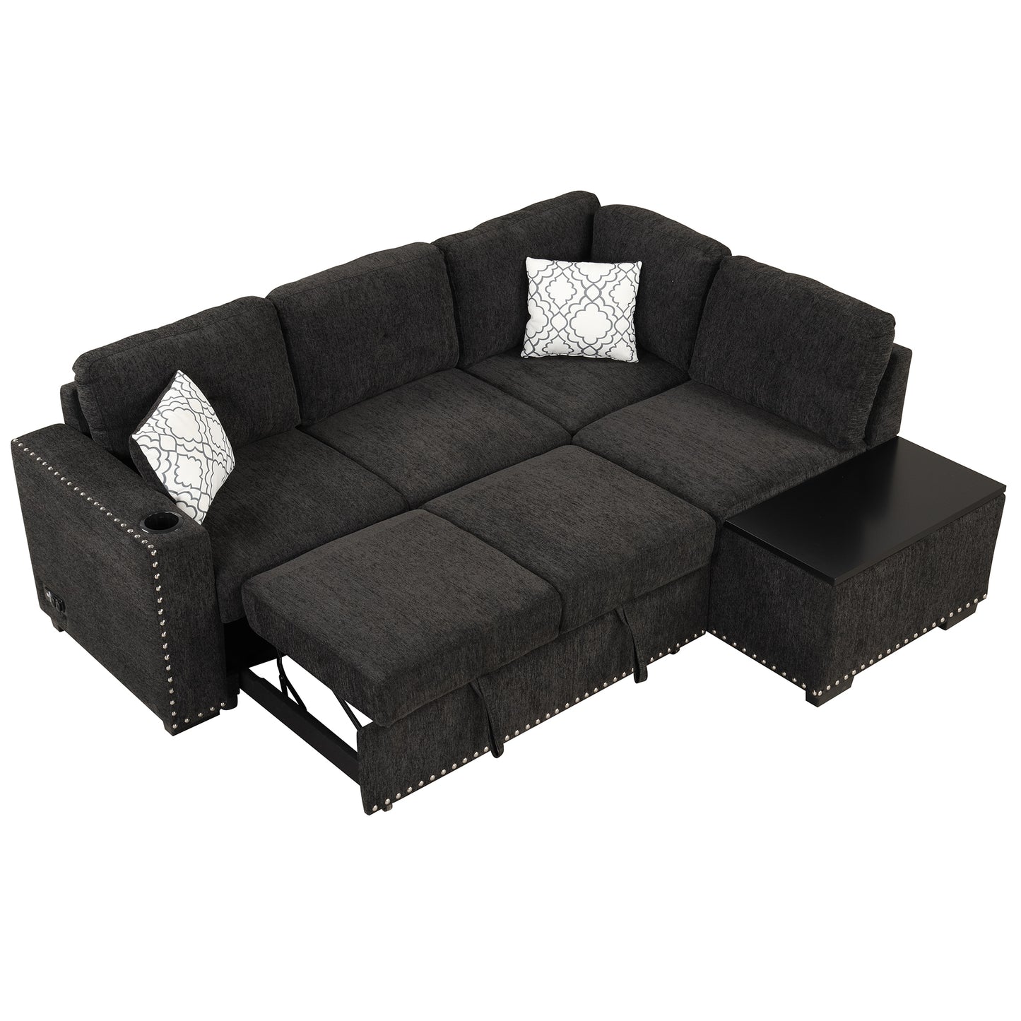 83.8 L-Shaped Reversible Sectional Sleeper Sofa with Cup Holder and USB Ports, Black