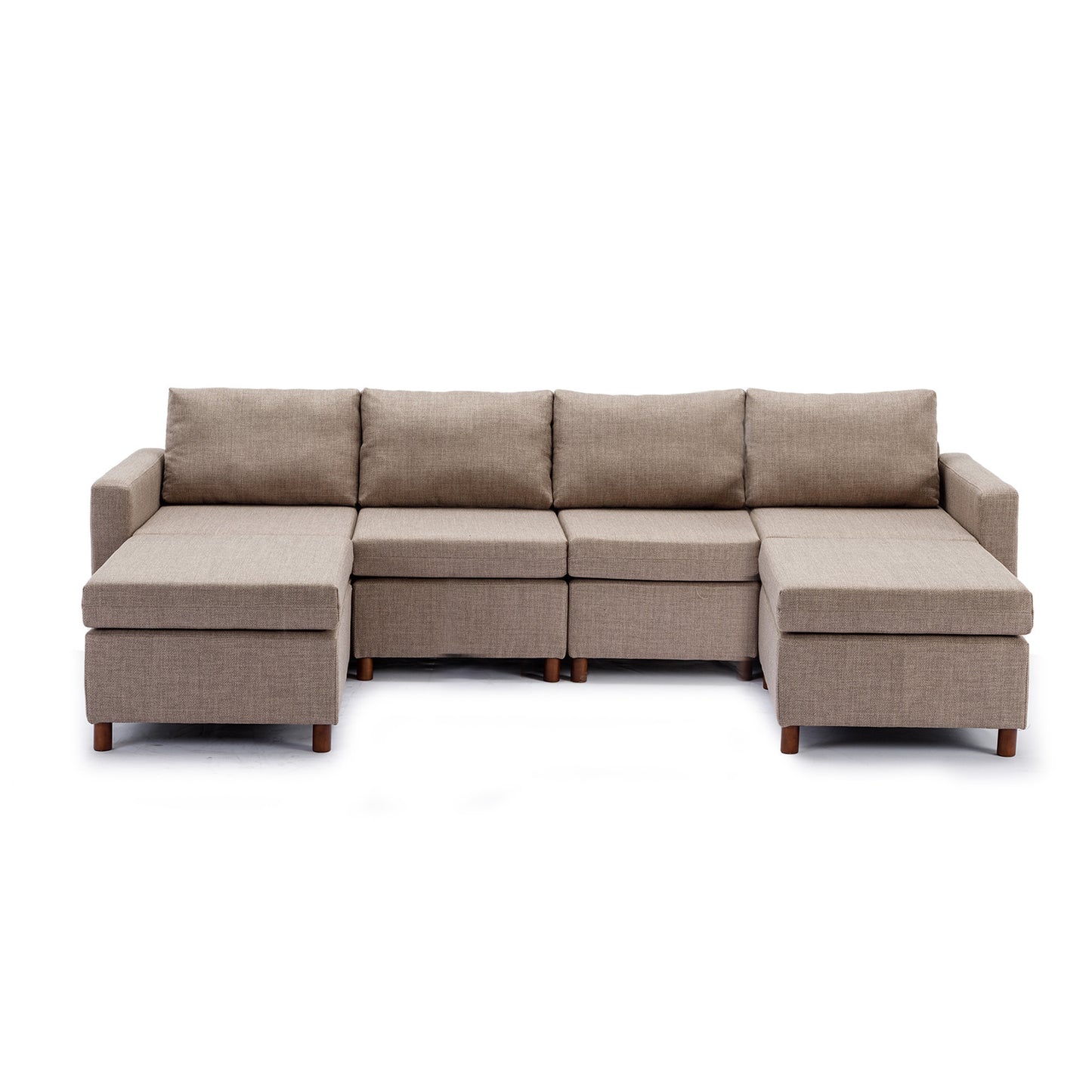 Sectional Sofa Couch with Ottoman Set, 4-Seater, Non-Removable Cushions, High Quality Fabric, Brown