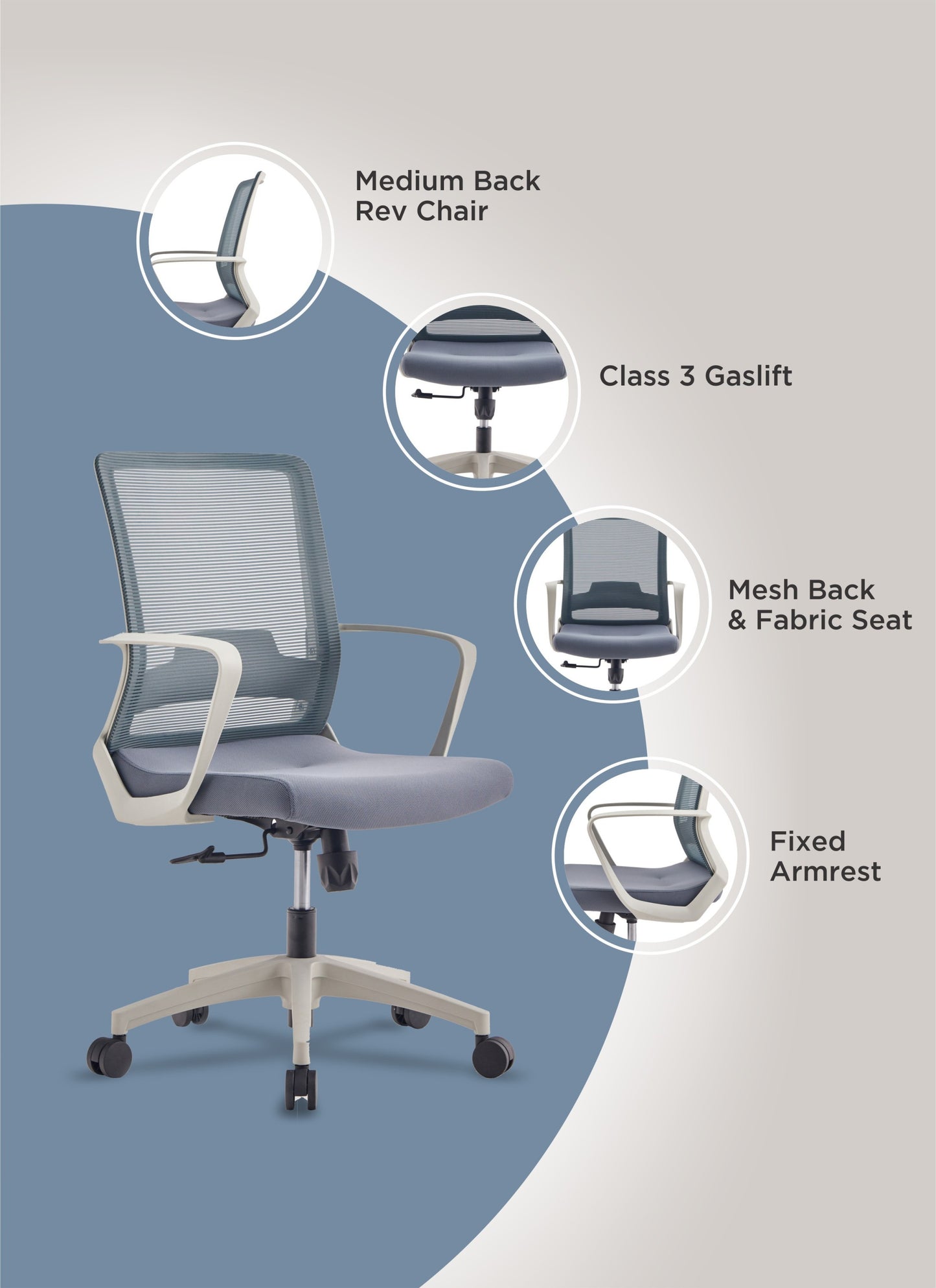 Alpha Office Chair, Fabric Seat, Fixed Armrest, Class Three Gaslift, Mesh -Black / Smoke