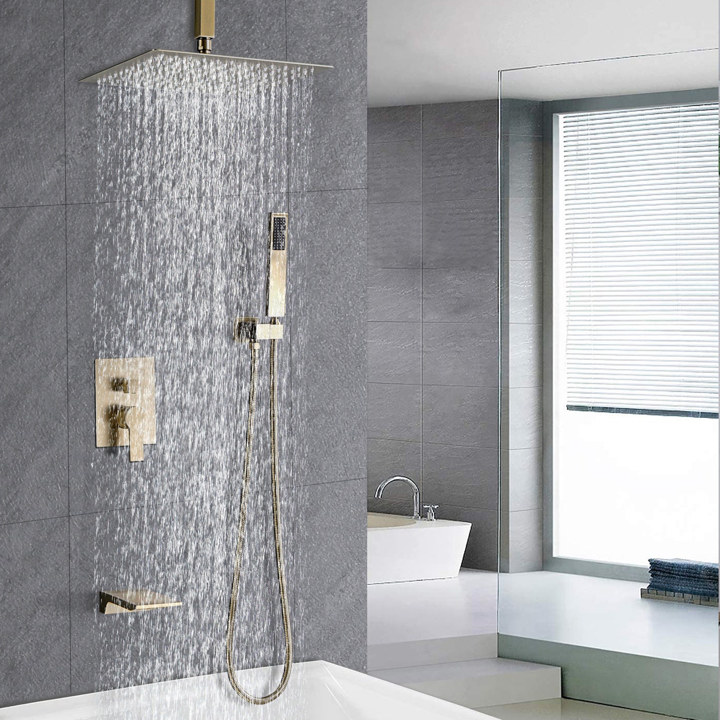 12inch Luxury Shower System with Waterfall Tub Spout and 360-Degree Handheld Shower Rotation