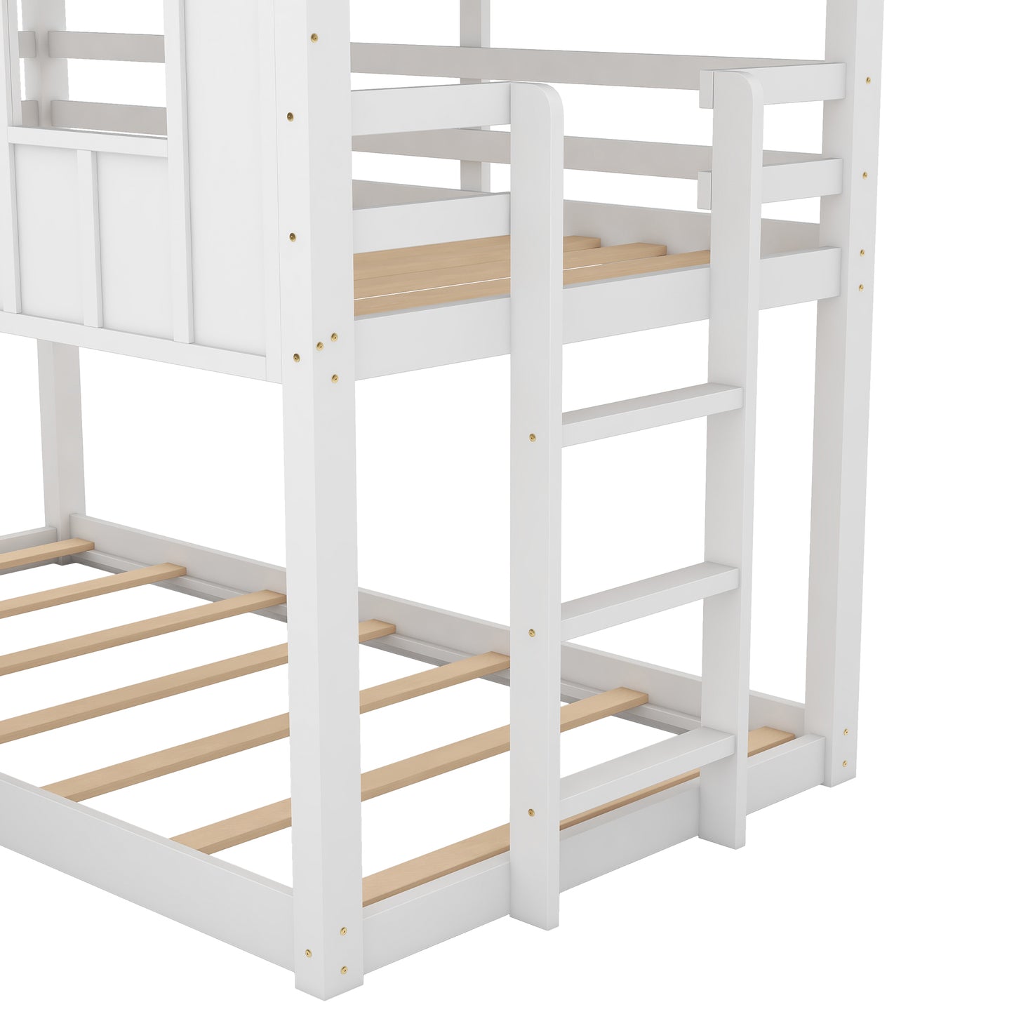 Twin House Bunk Bed with Slide and Windows for Kids, White