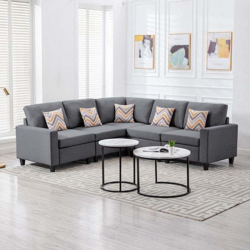 Nolan Gray Linen Fabric 5-Piece Reversible Sectional Sofa Set with Pillows and Interchangeable Legs