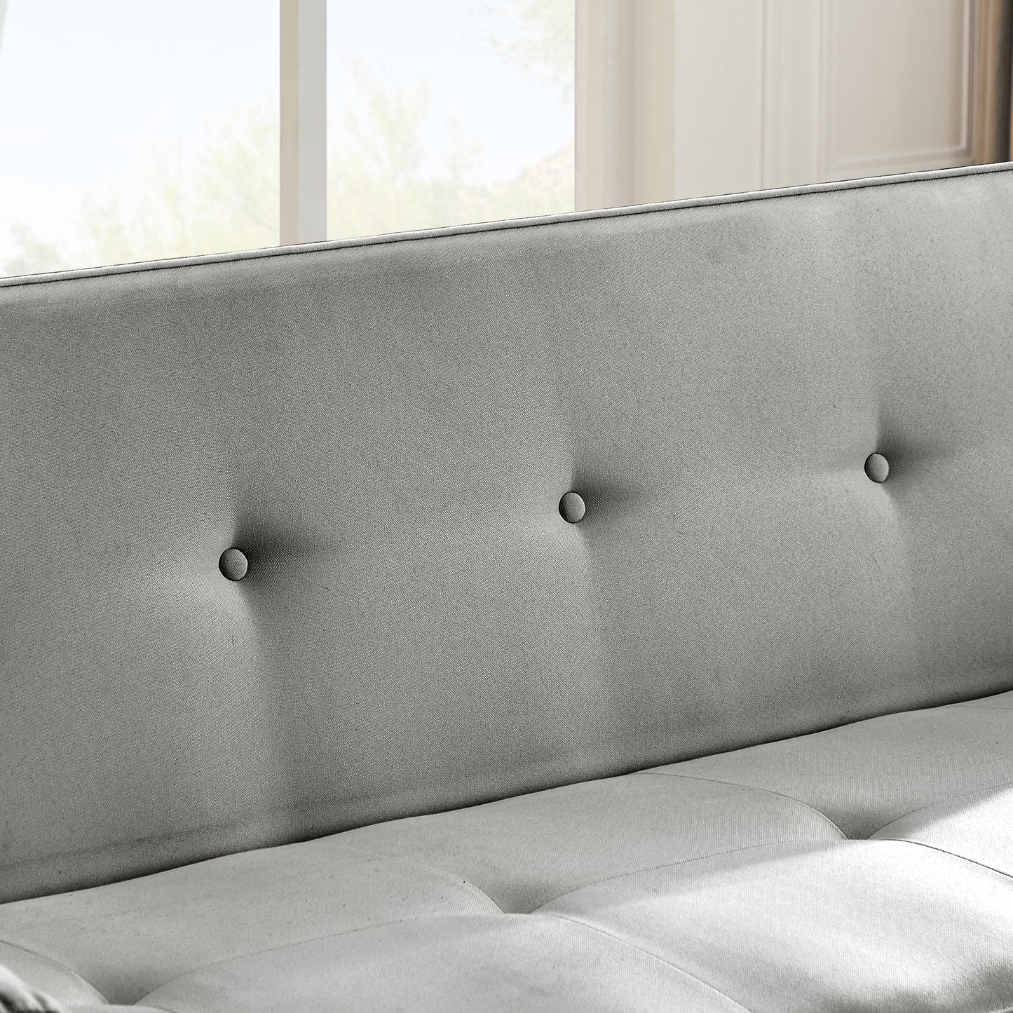 Linen upholstered modern convertible folding sofa bed with 4 solid wood feet and 1 metal center foot.