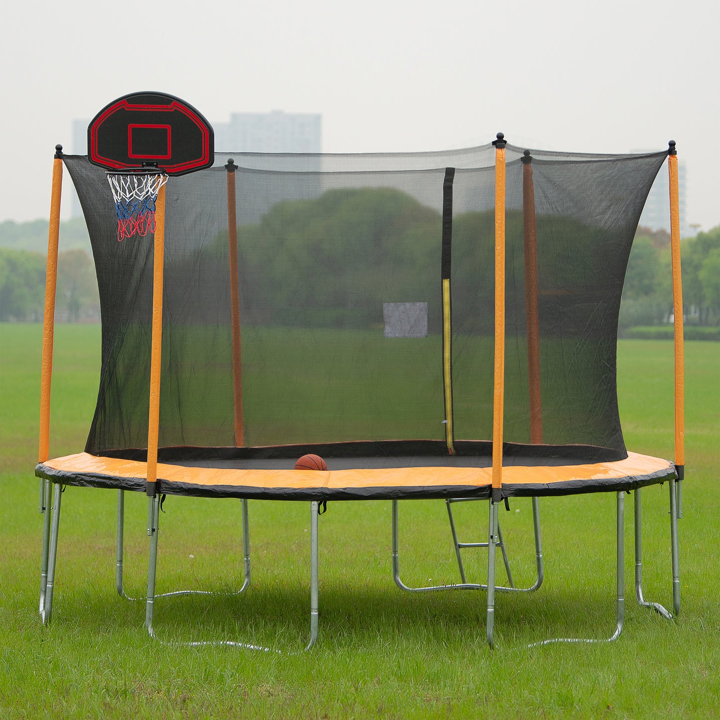 15FT Trampoline with Basketball Hoop Inflator and Ladder(Inner Safety Enclosure) Orange