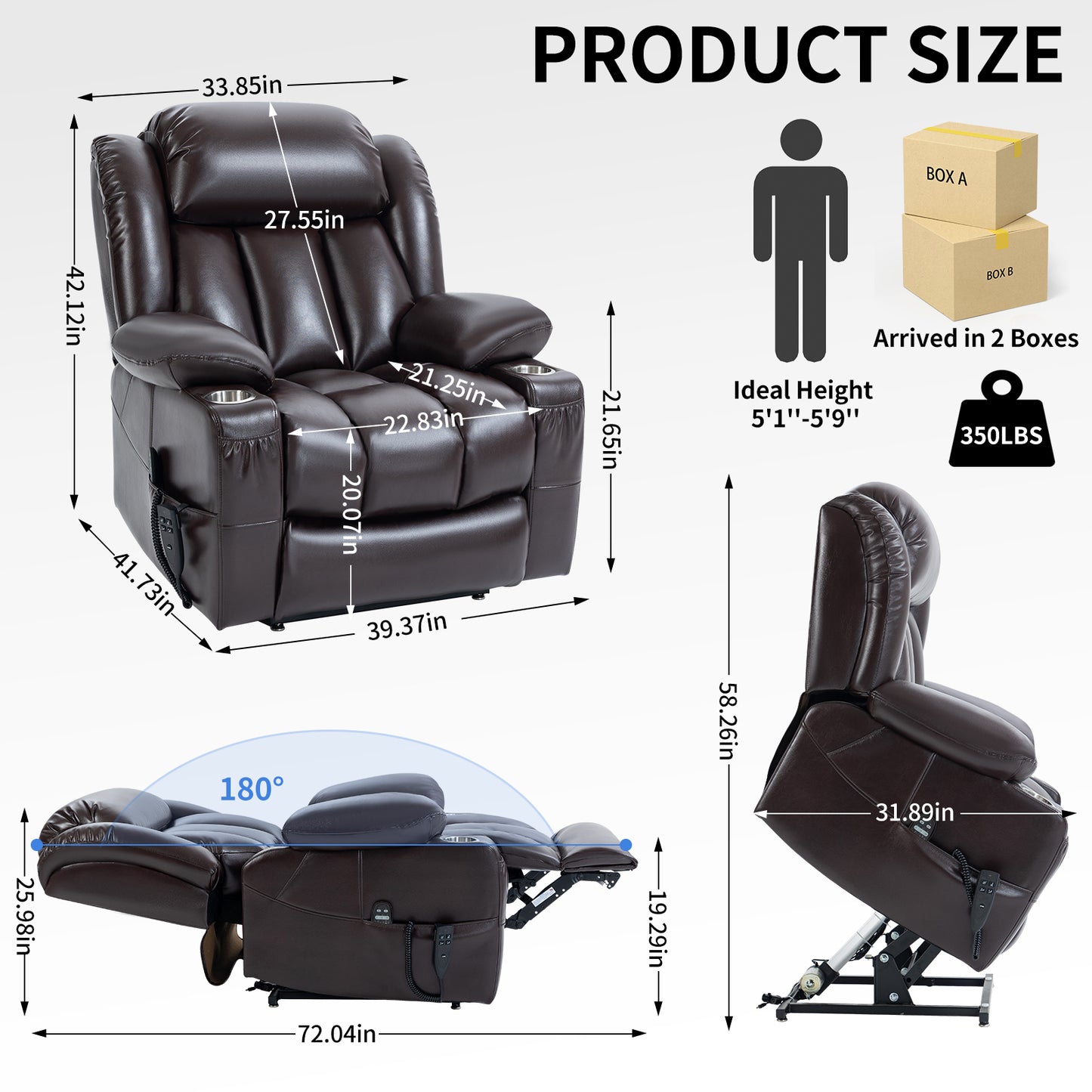 Brown Leatheraire Power Lift Recliner Chair with Dual Motor & Massage Functions