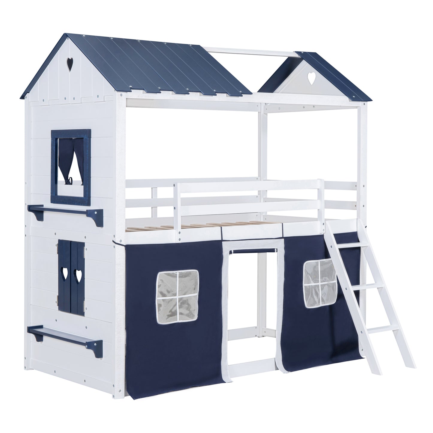 Twin Size Bunk Wood House Bed with Elegant Windows, Sills and Tent,  Blue+White