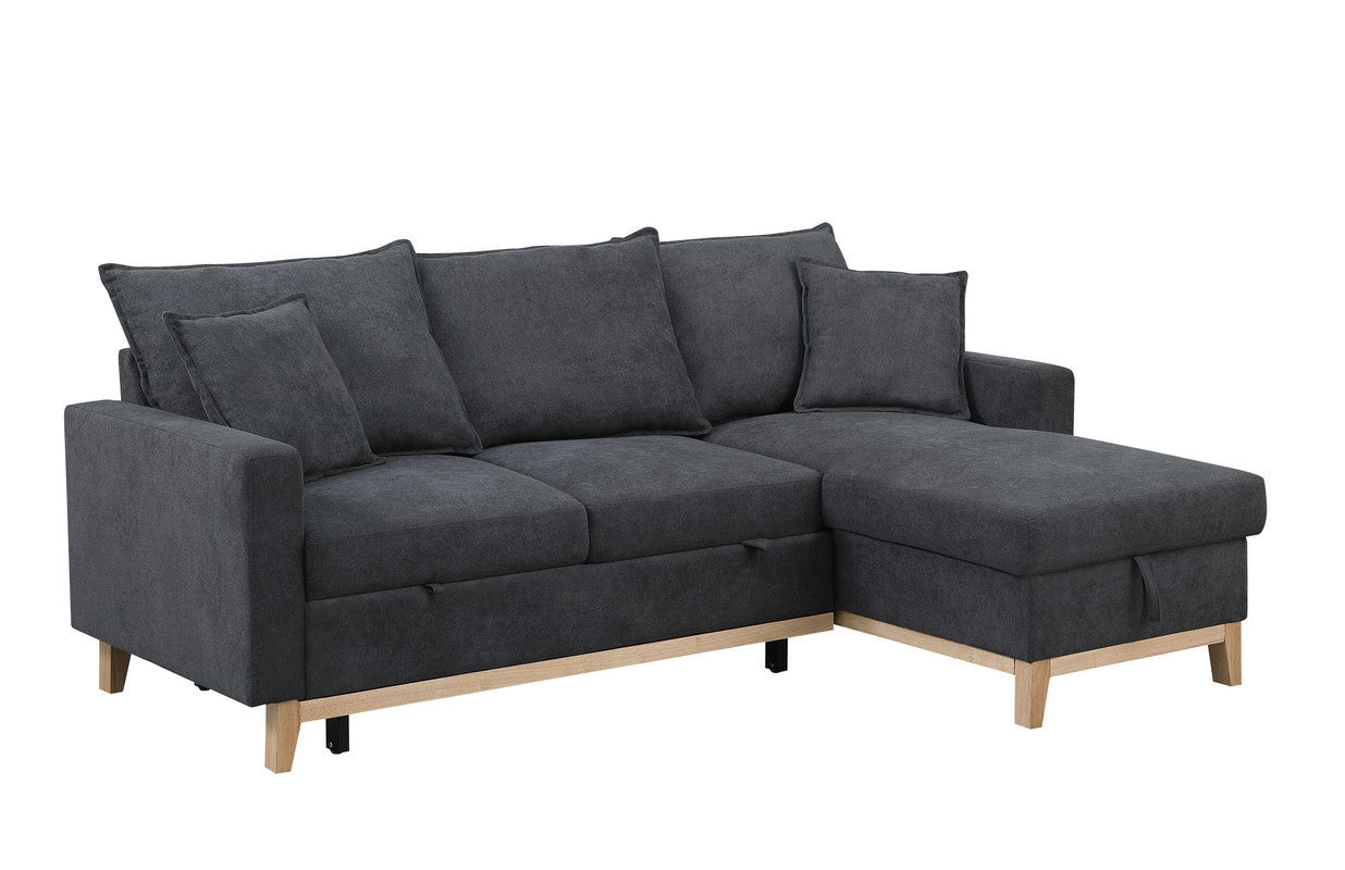 Convertible Dark Grey Upholstered Sleeper Sectional Sofa with Built-In Storage Chaise