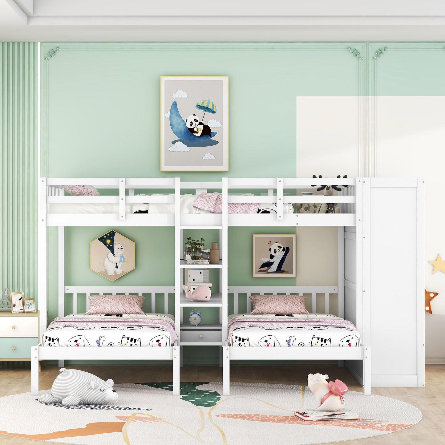 Triple Bunk Bed with Shelves, Wardrobe, and Mirror in White - Space-Saving Family Bunk Bed