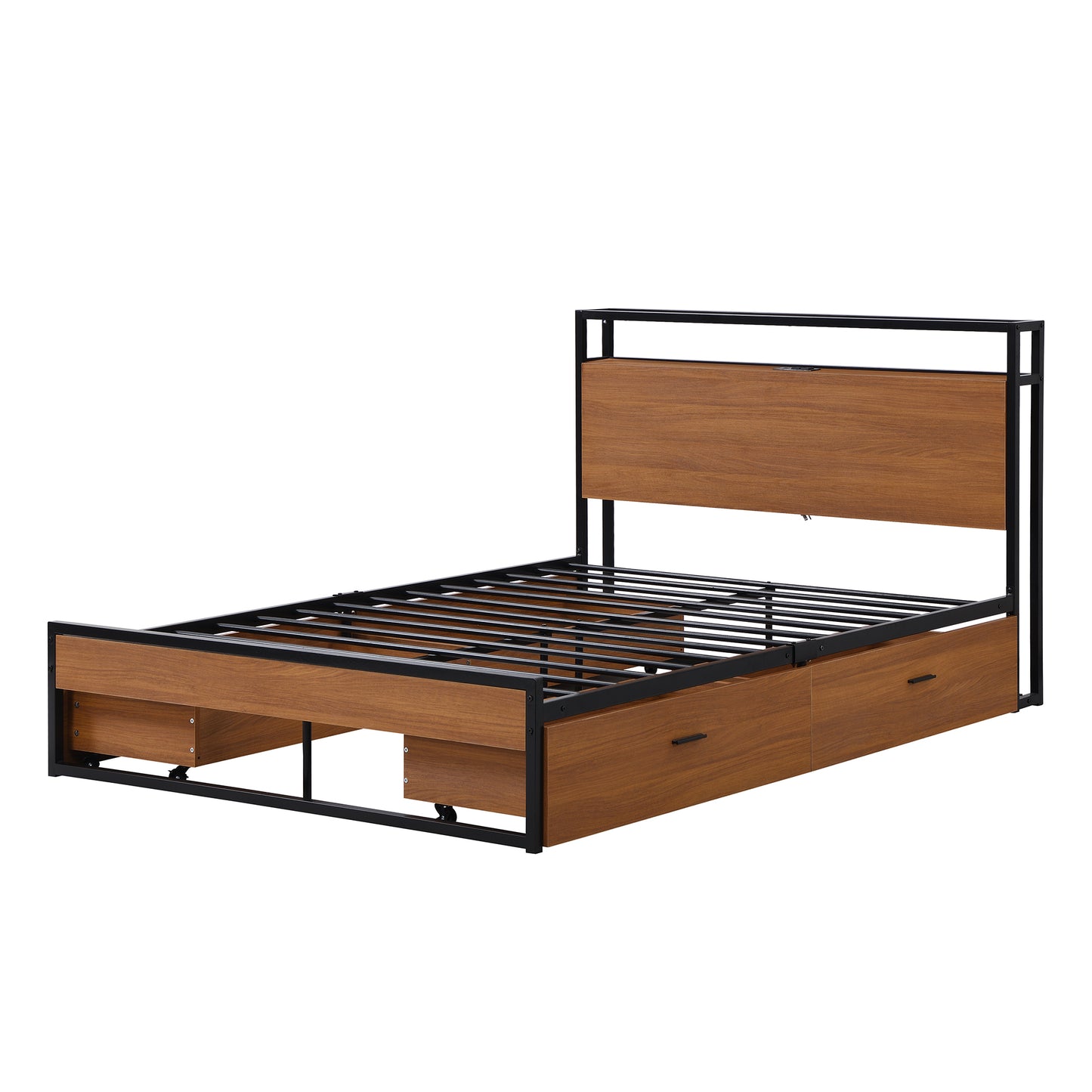 Full Size Metal Platform Bed Frame with  Four Drawers,Sockets and USB Ports ,Slat Support No Box Spring Needed Black