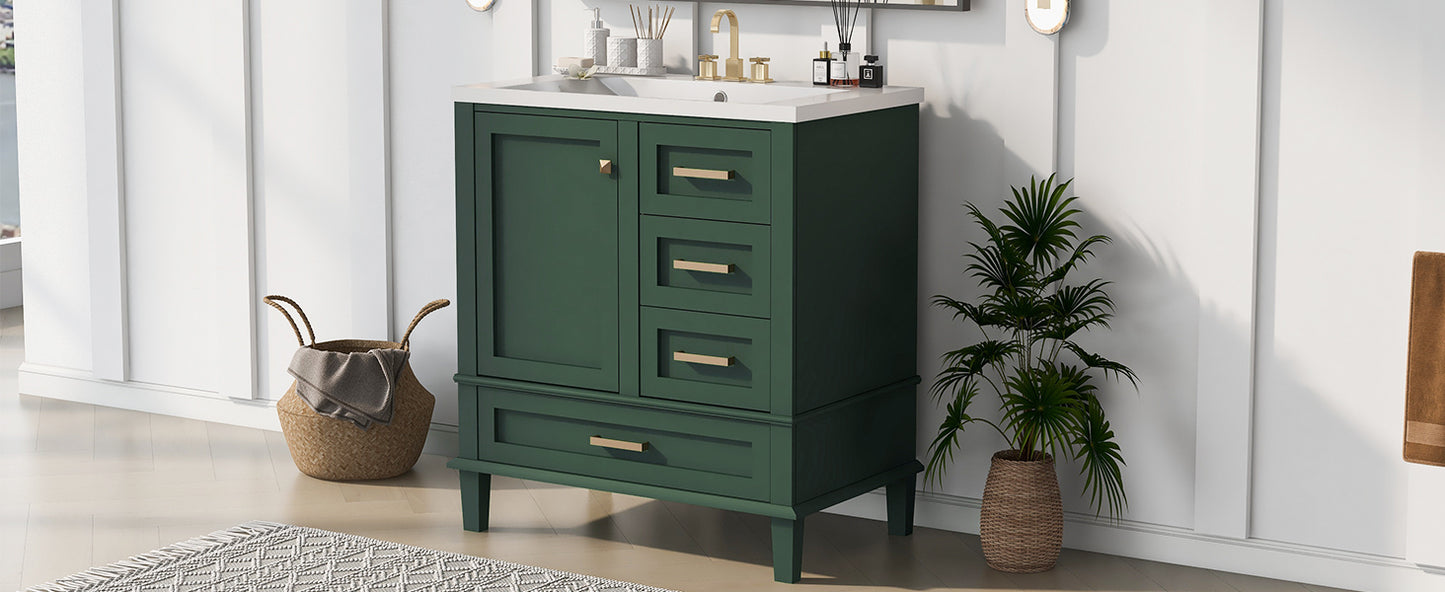 30" Bathroom Vanity in Green, Modern Bathroom Cabinet with Sink Combo Set, Bathroom Storage Cabinet with a Soft Closing Door and 3 Drawers, Solid Wood Frame