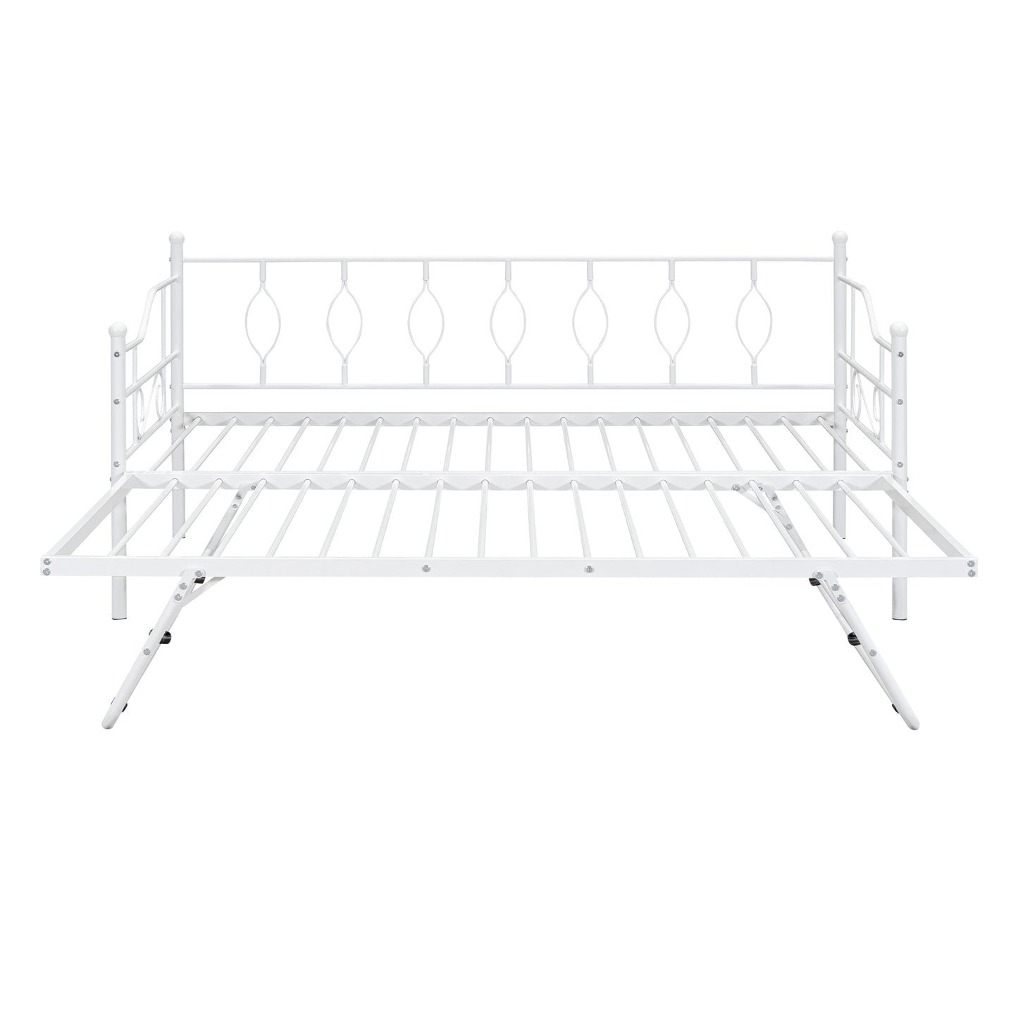 Twin Size Metal Daybed with Twin Size Adjustable Trundle, Portable Folding Trundle, White