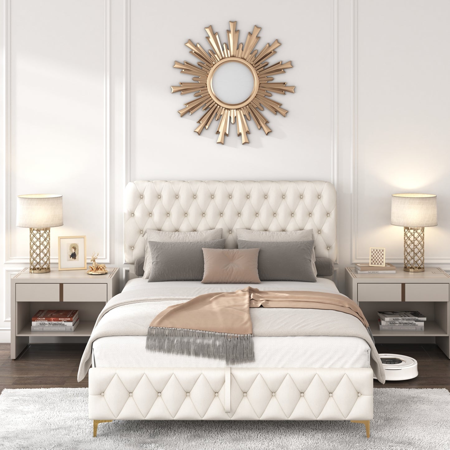 Full Platform Bed Frame With pneumatic hydraulic function, Velvet Upholstered Bed with Deep Tufted Buttons, Lift up storage bed With Hidden Underbed Oversized Storage, BEIGE