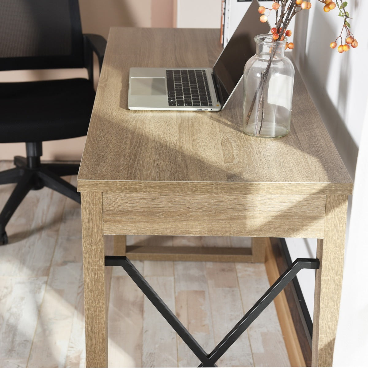 Sturdy Industrial Computer Desk with Drawer - Natural Wood Finish, 44.1 x 20.1 x 30.1