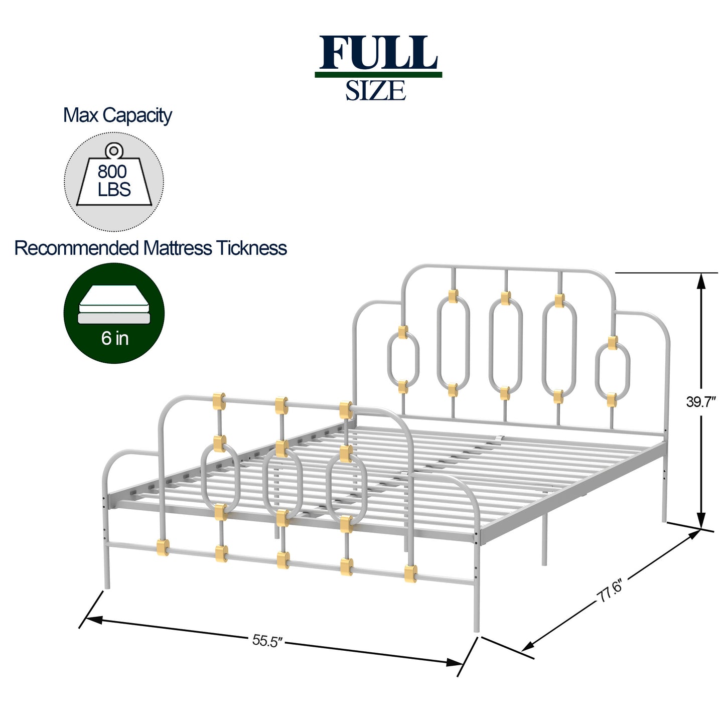 Ola Metal Bed, White with Gold Details, Full