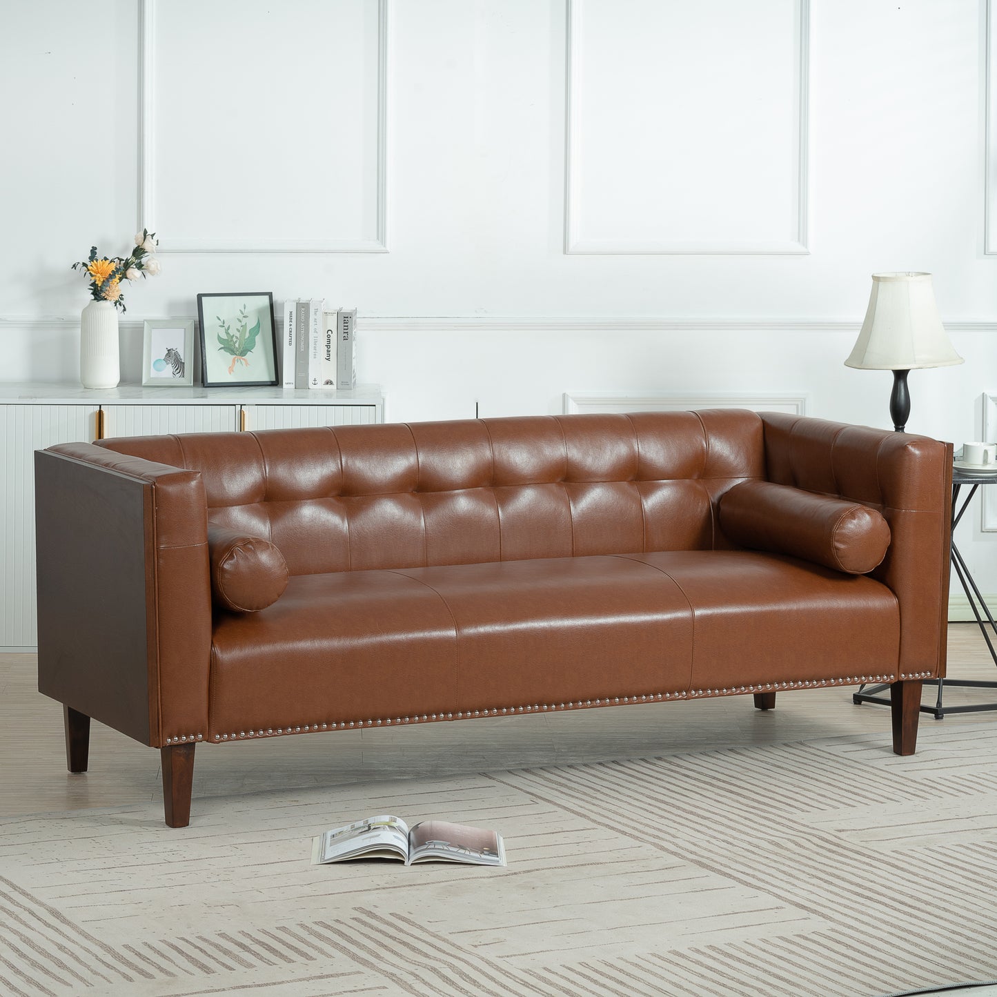 78.74 Brown Leather 3-Seater Sofa with Round Pillows