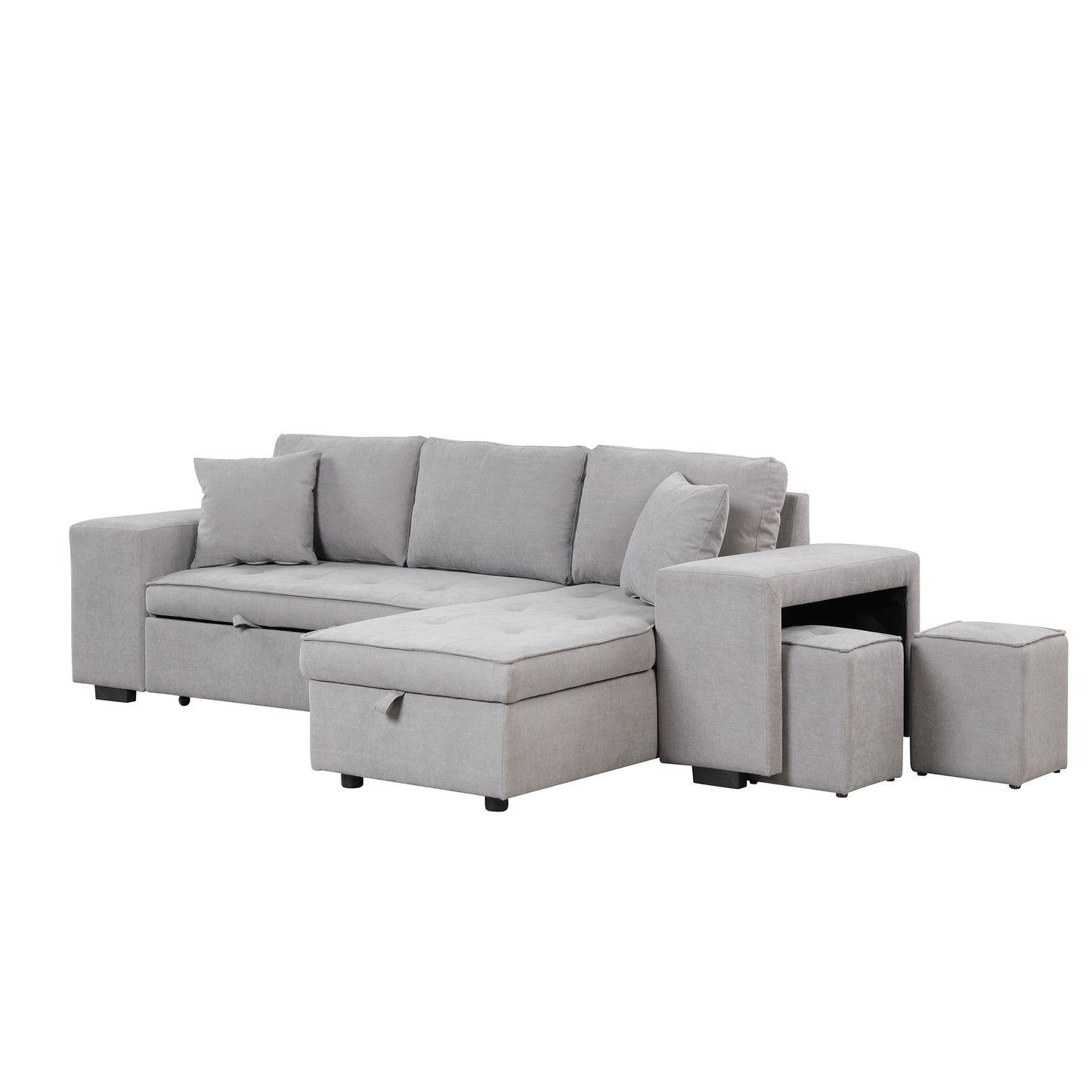 Gray L-Shape Sleeper Sectional Sofa with Storage Chaise and 2 Stools