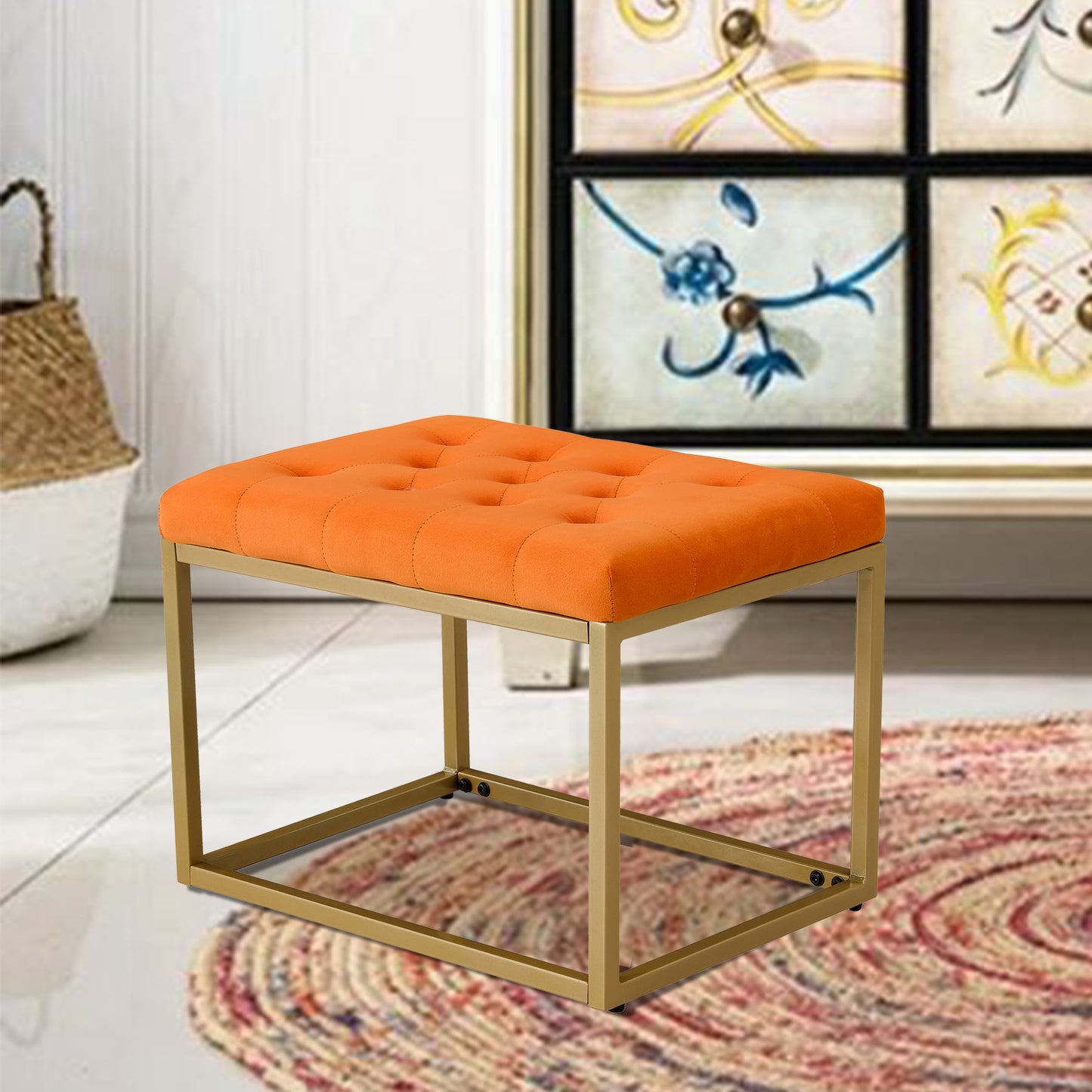 Chair Velvet Shoe Changing Stool, Orange Footstool, Square Vanity Chair, Sofa stool,Makup Stool .Vanity Seat ,Rest stool. Piano Bench .Suitable for Clothes Shop,Living RoomST-001-OR