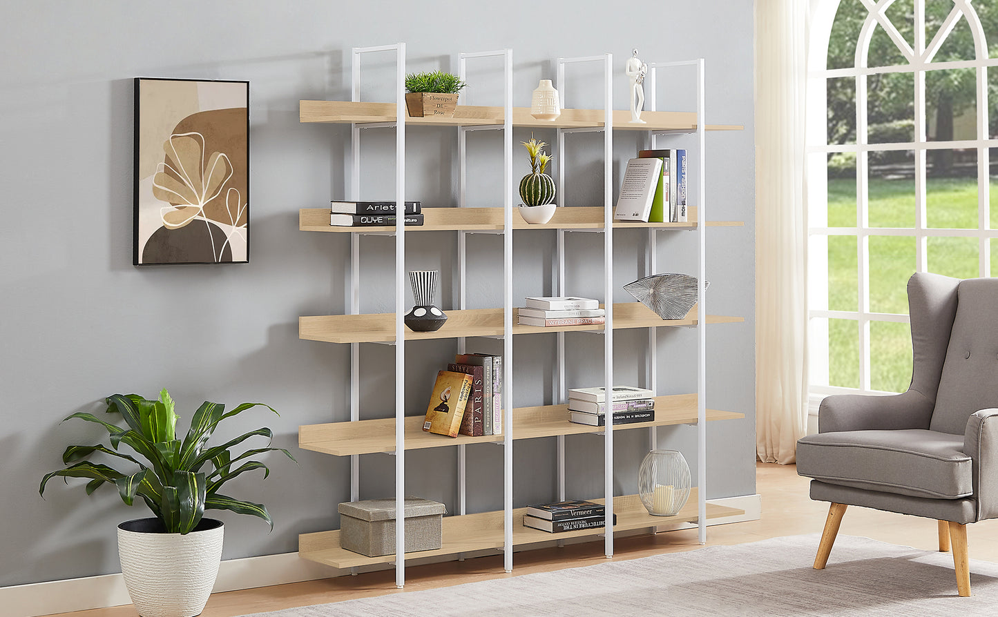 5 Tier Bookcase Home Office Open Bookshelf, Vintage Industrial Style Shelf, MDF Board, White Metal Frame, Oak