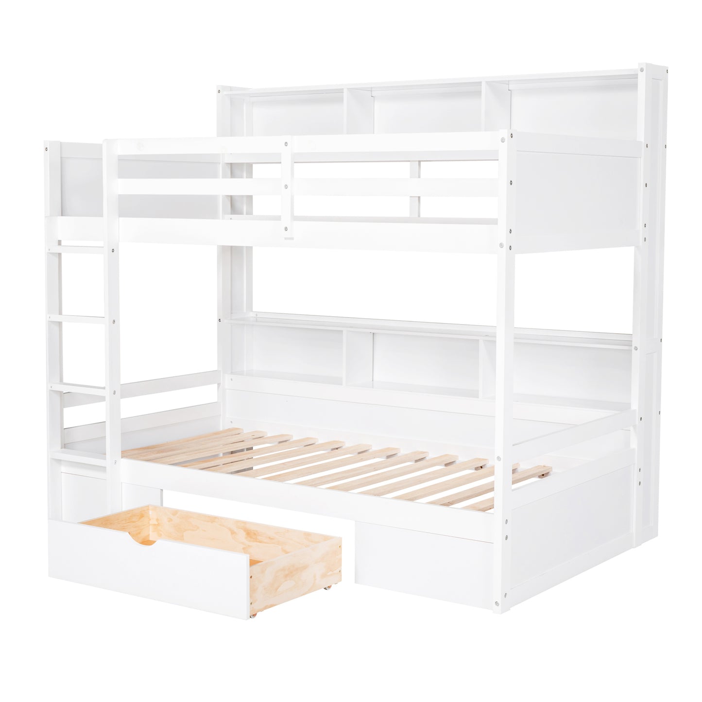 White Twin Size Bunk Bed with Underbed Storage Shelves and Drawer