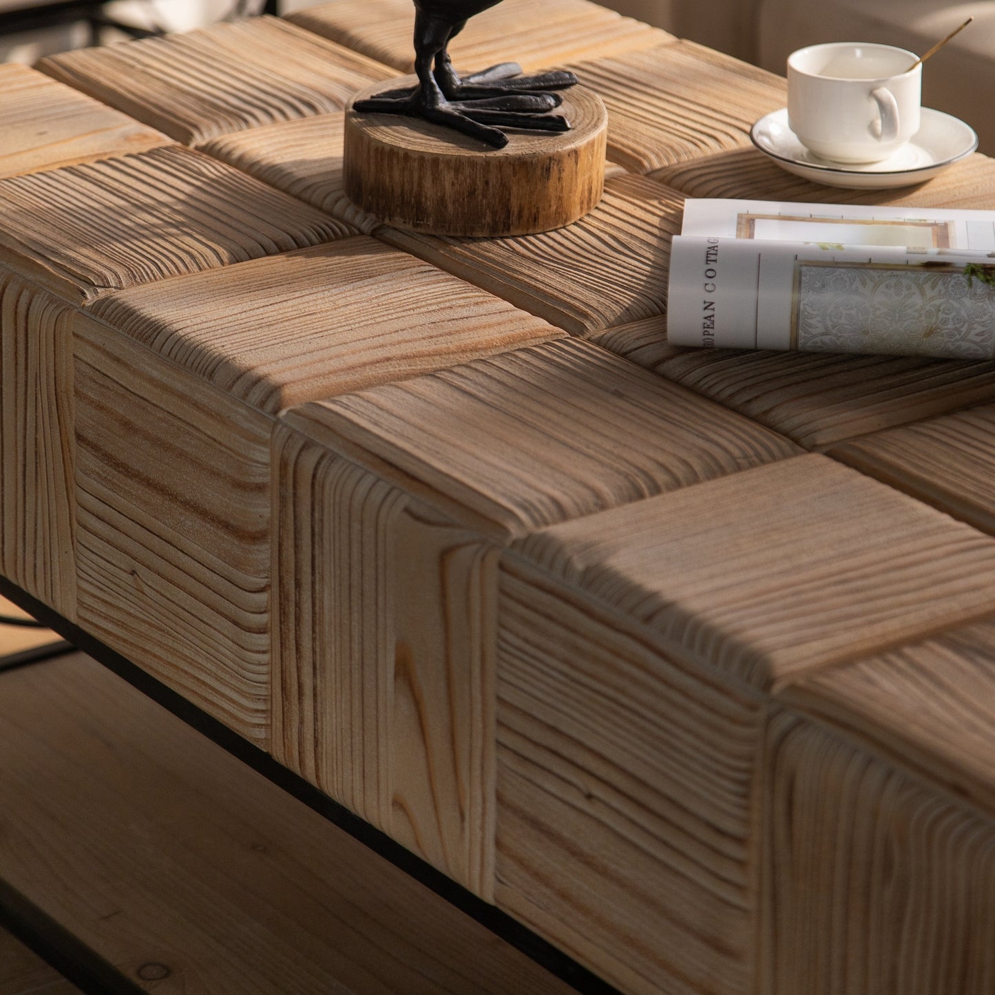 Retro Square Coffee Table with Small Grid Splicing Design