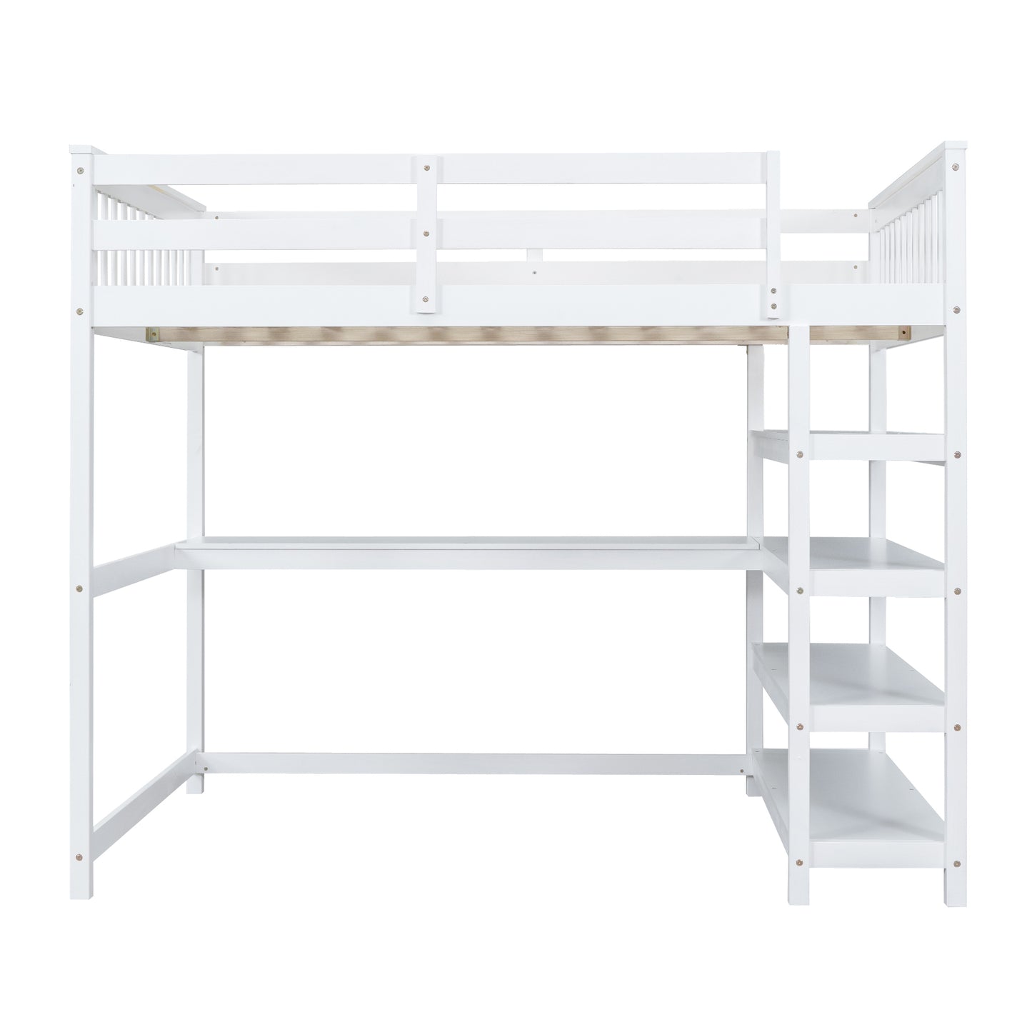 Full Size Loft Bed with Storage Shelves and Under-bed Desk, White