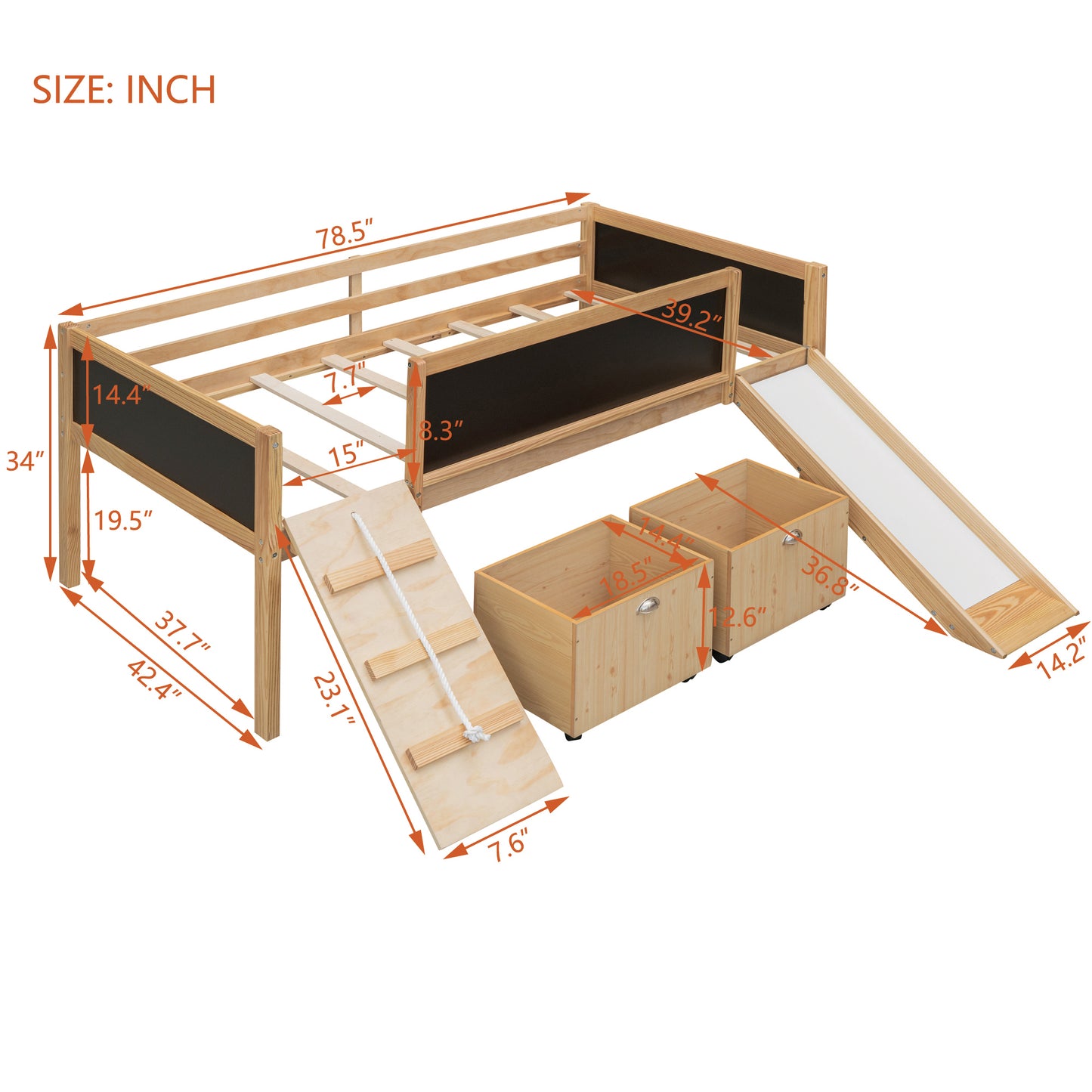 Twin size Loft Bed Wood Bed with Two Storage Boxes - Natrual