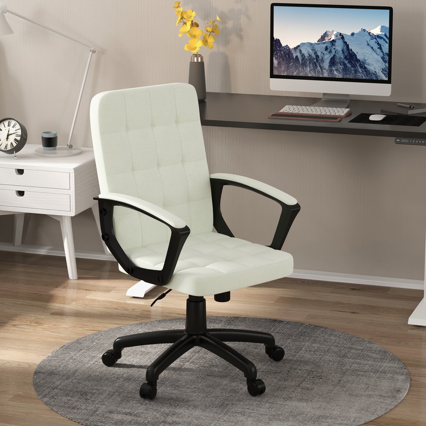 Vinsetto Fabric Office Chair, Computer Desk Chair, Swivel Task Chair with Arms, Adjustable Height, Swivel Wheels, Mid Back, Cream White