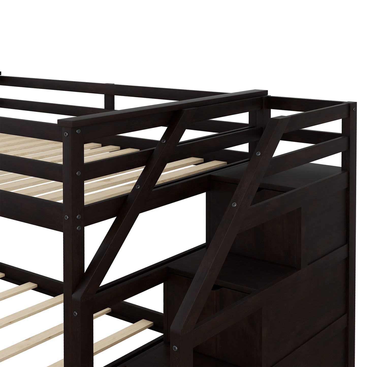 Elegantly Functional Espresso Twin Bunk Bed with Trundle, Stairs, and Storage