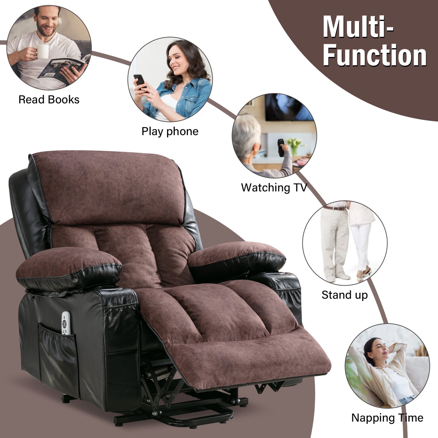 Electric Power Lift Recliner Chair with Heat and Massage for Elderly in Black/Brown