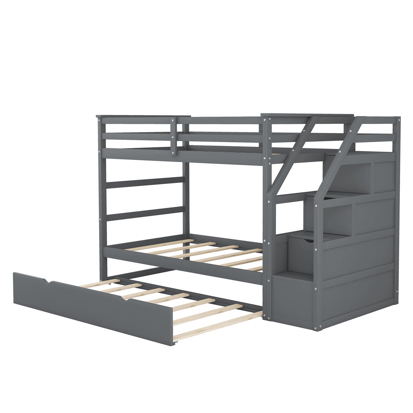 Versatile Gray Twin Bunk Bed with Trundle and Staircase