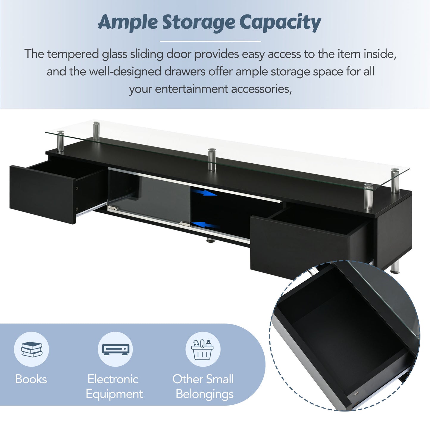 Modern Black Glass TV Stand with Sliding Door